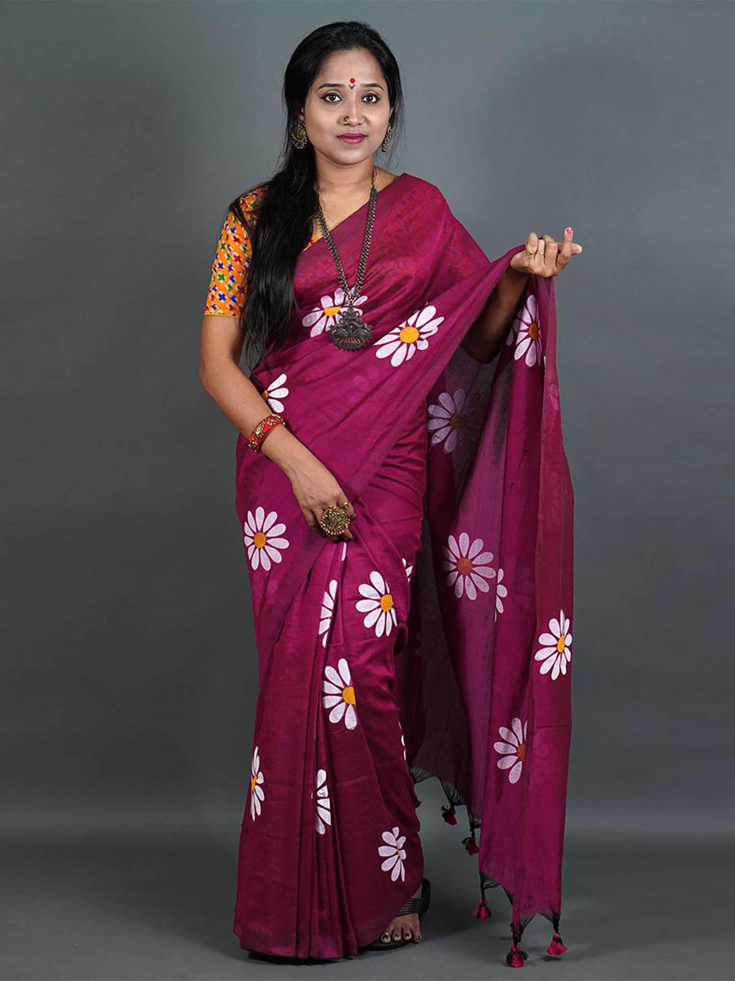 womens wine printed cotton saree with unstitched blouse