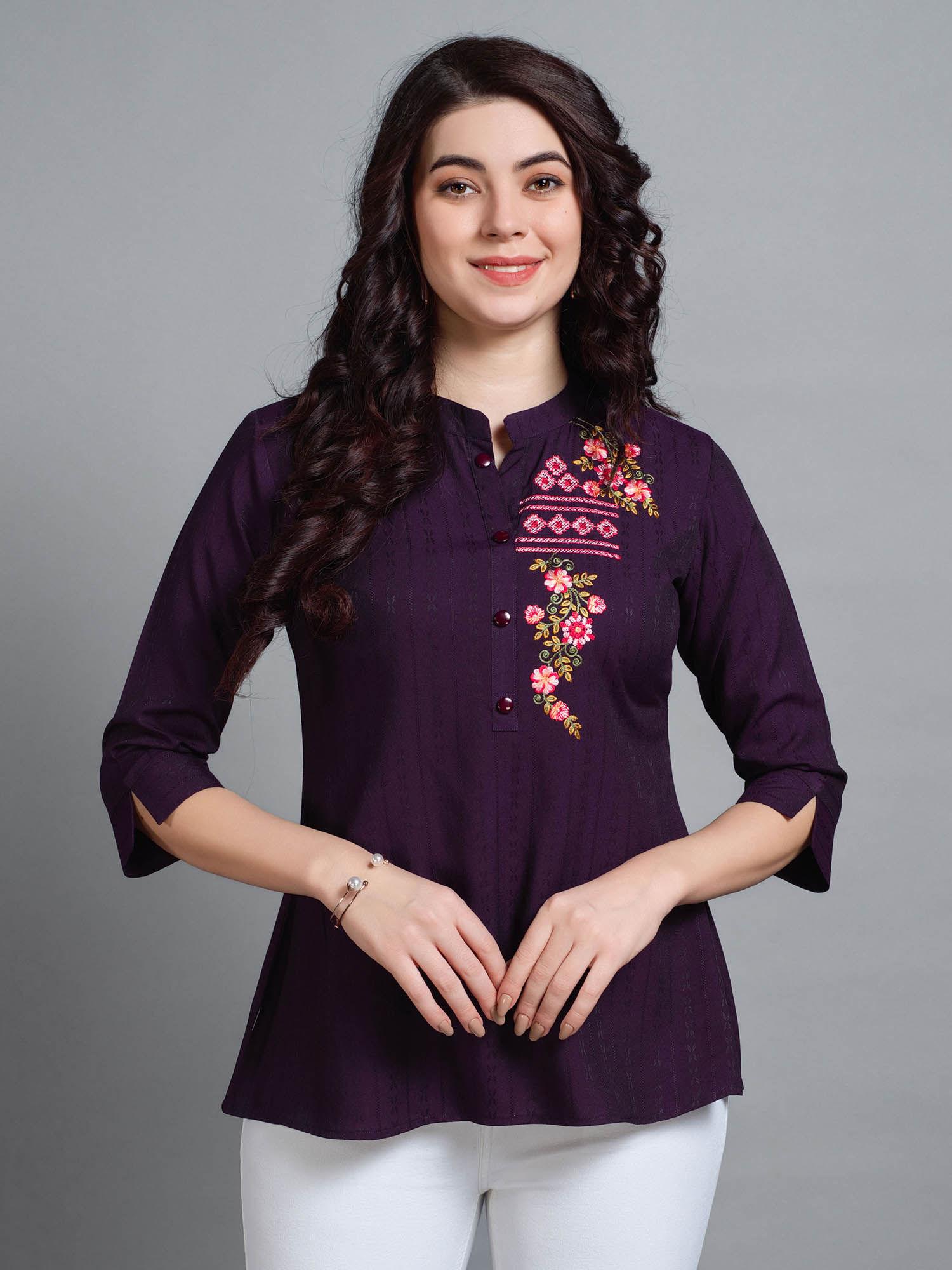 womens wine pure viscose rayon floral embroidered a-line top