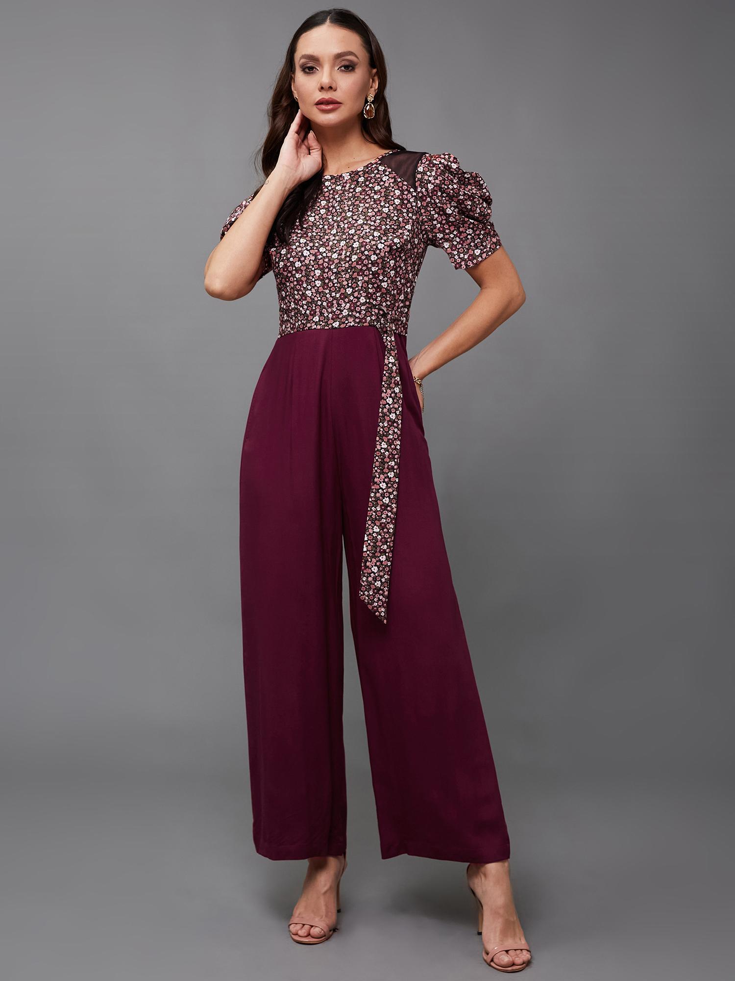 womens wine round neck cowl sleeve floral wide leg jumpsuit