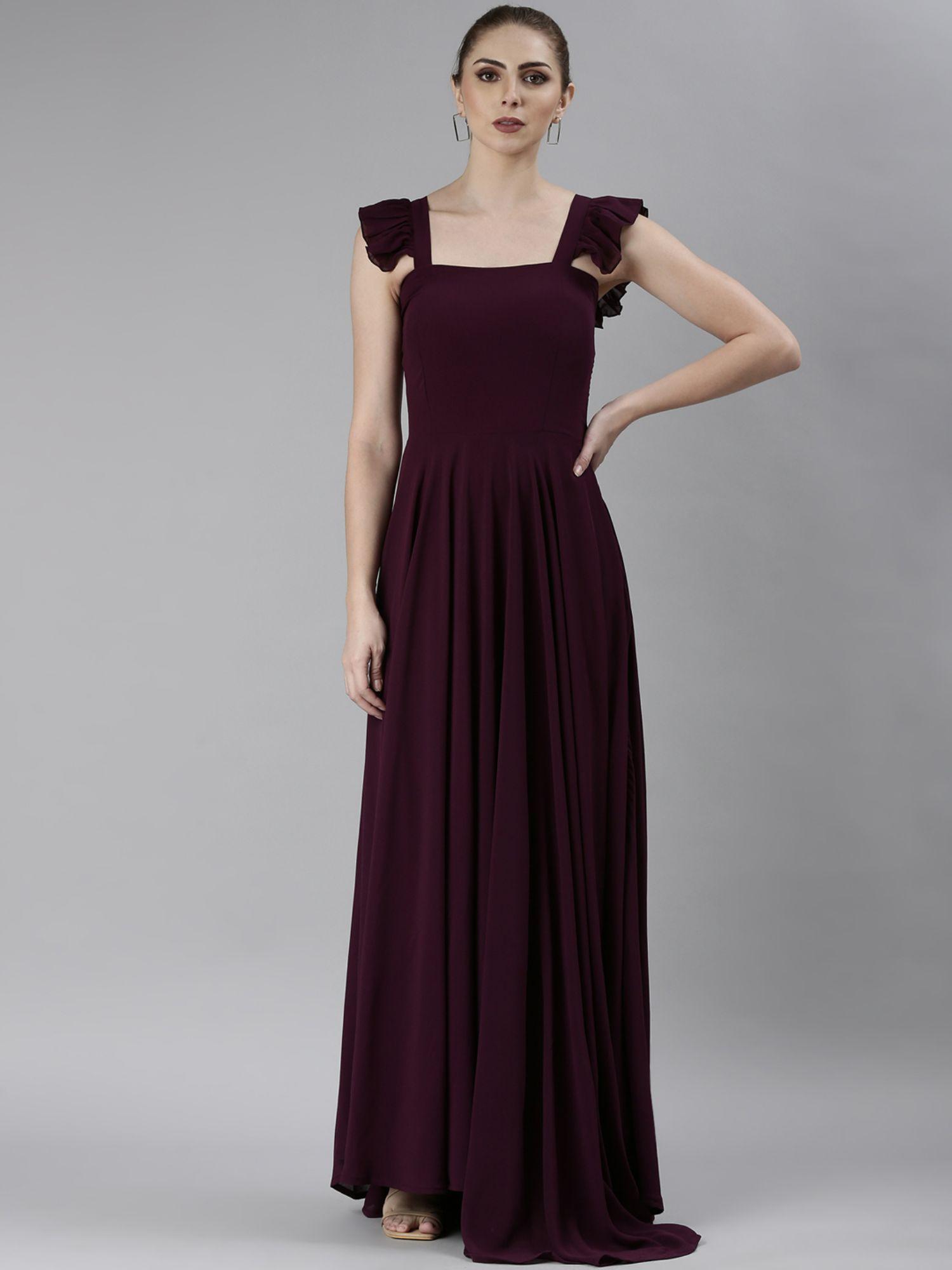 womens wine square neck cap sleeves fit and flare solid maxi dress