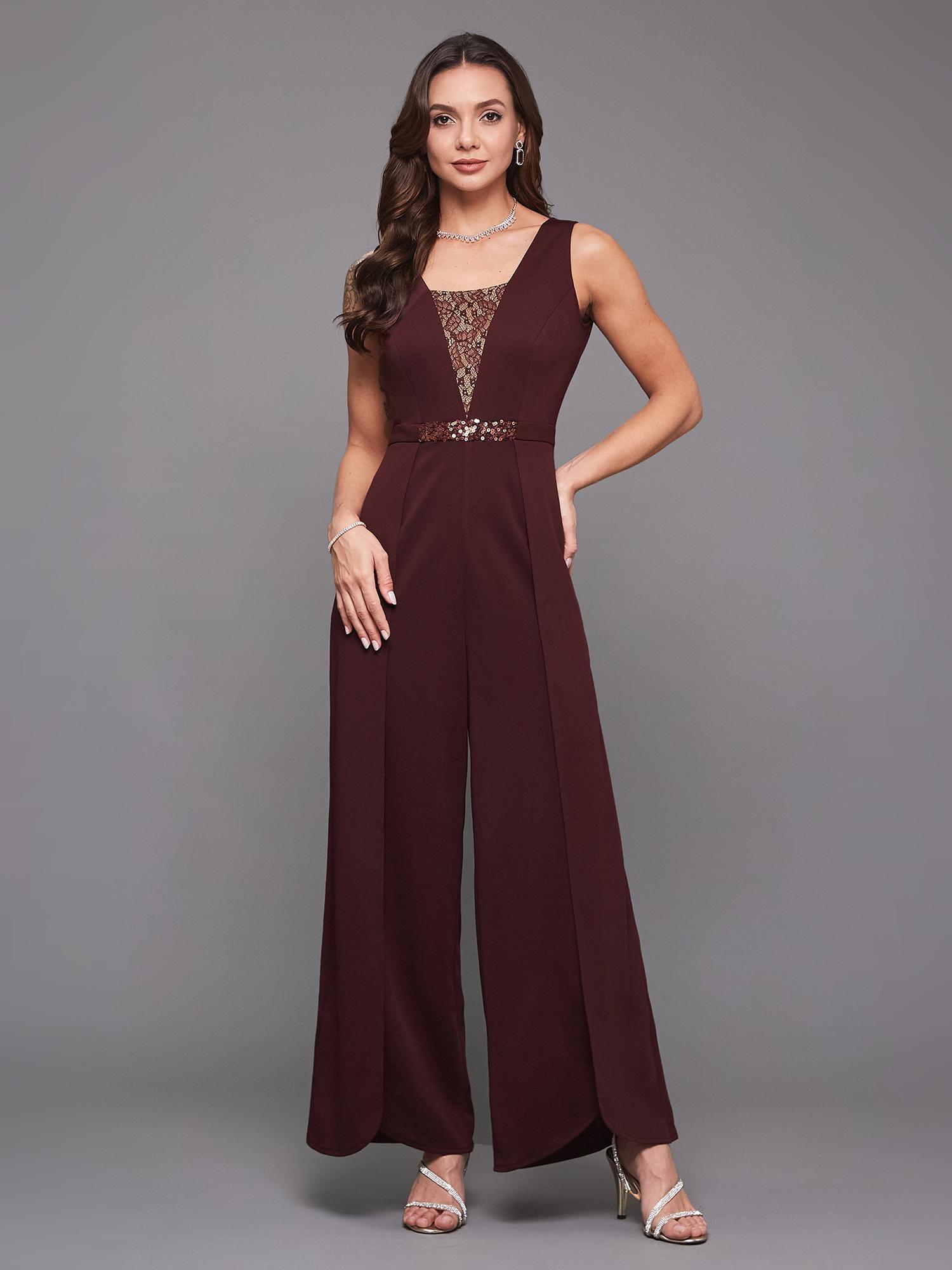 womens wine square neck sleeveless embellished layered polyester jumpsuit