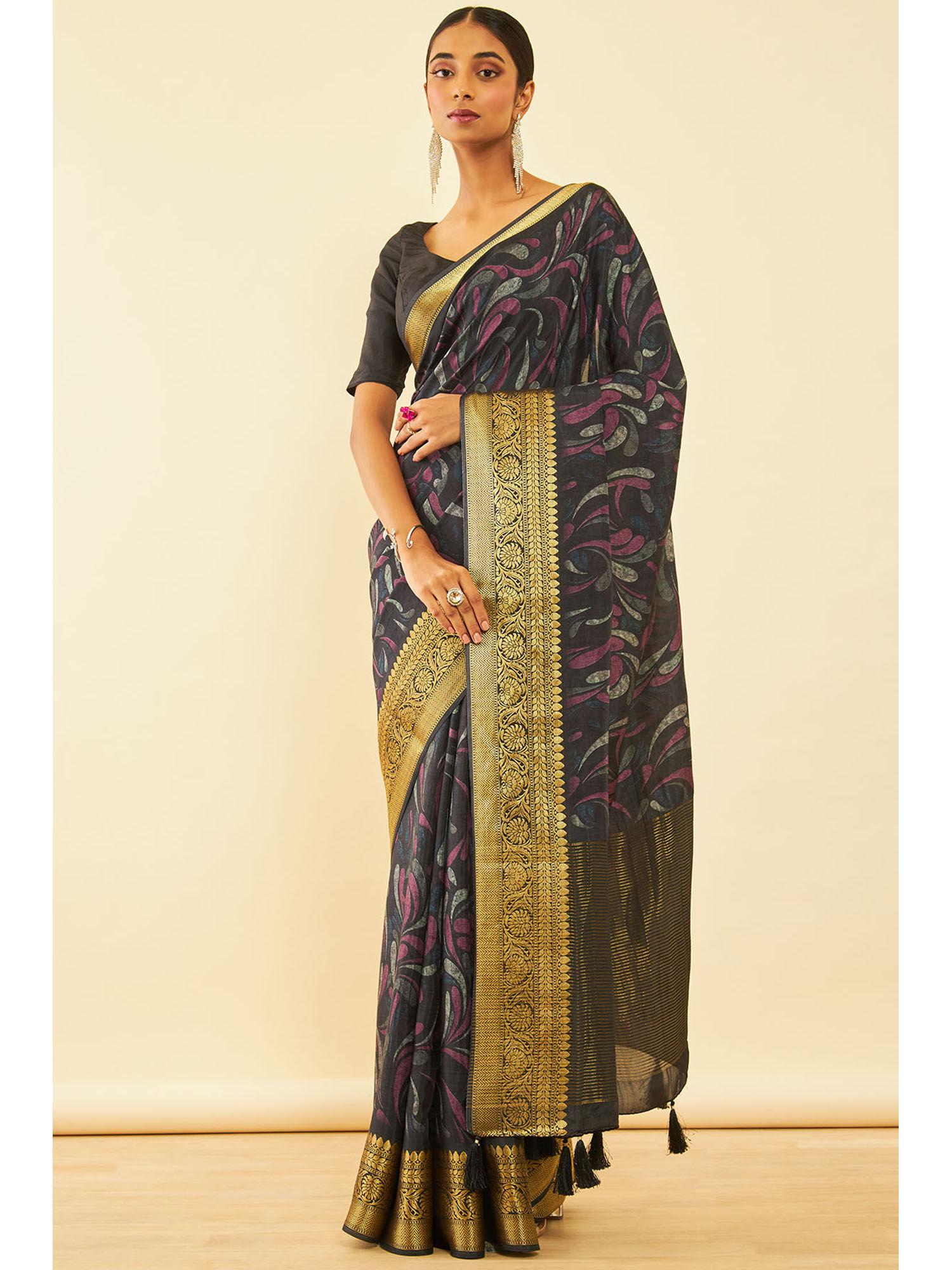 womens wine tessar silk printed saree with tassels with unstitched blouse