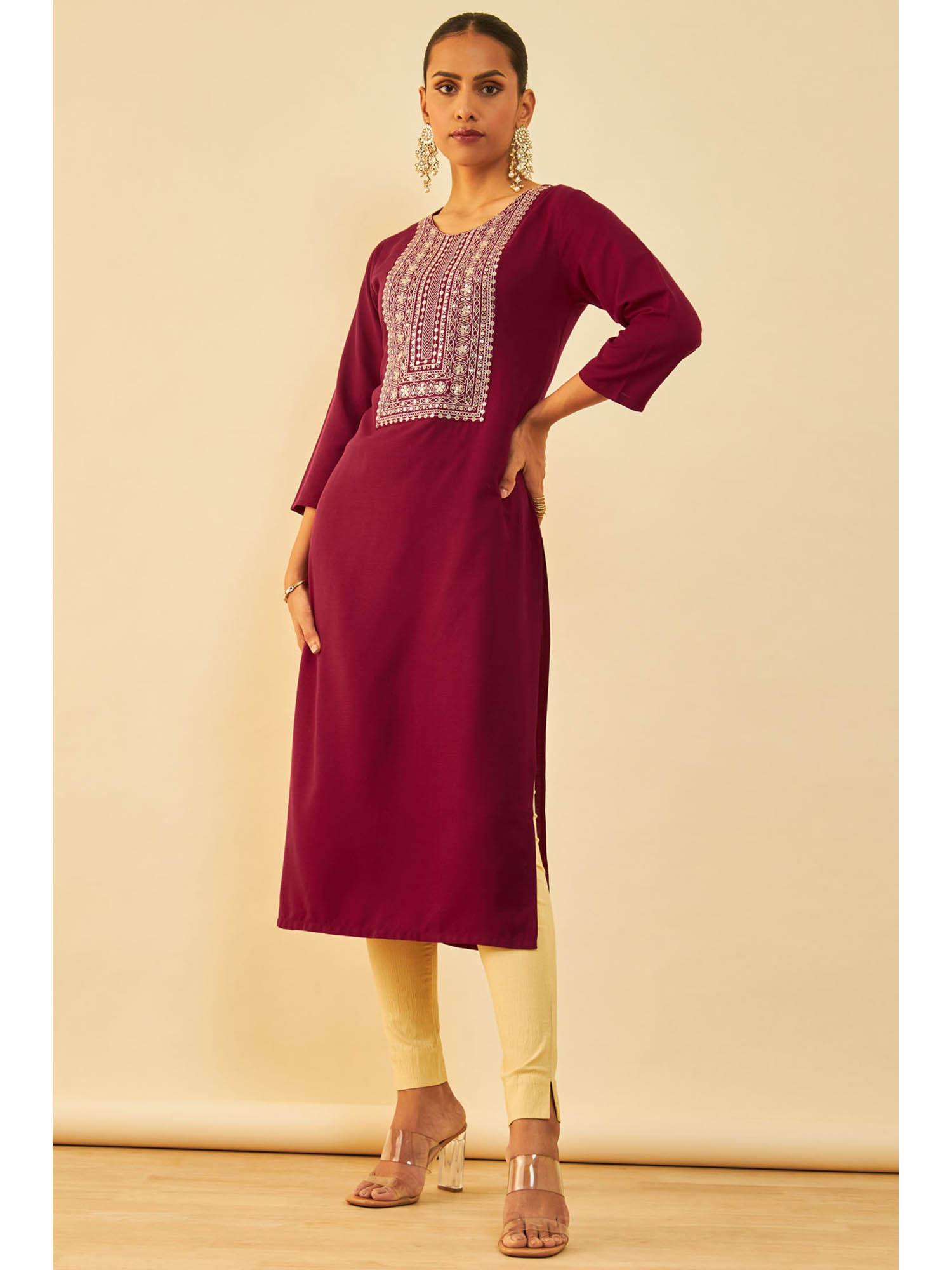 womens wine viscose blend embellished kurta