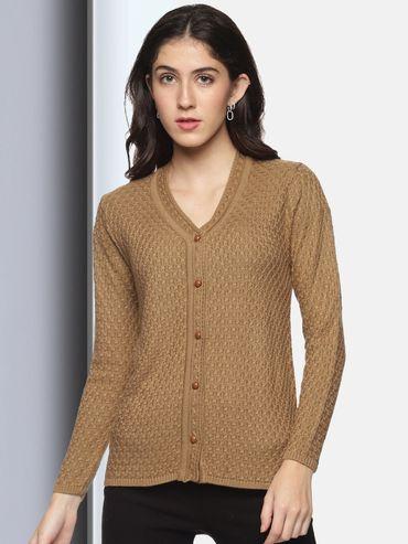 womens wool blend brown full sleeve solid self design v neck cardigan