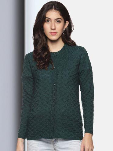 womens wool blend green full sleeve solid self design round neck cardigan