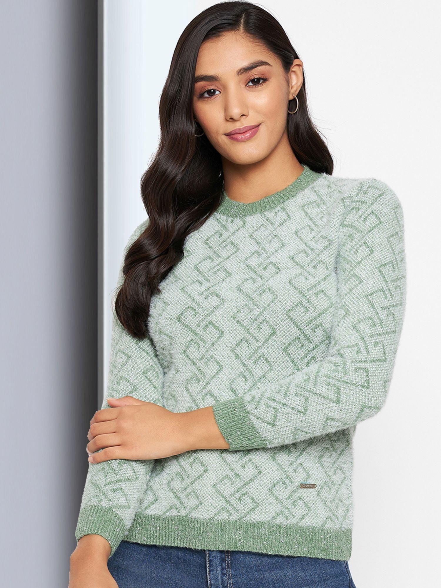 womens wool blend green full sleeve solid self design round neck sweater