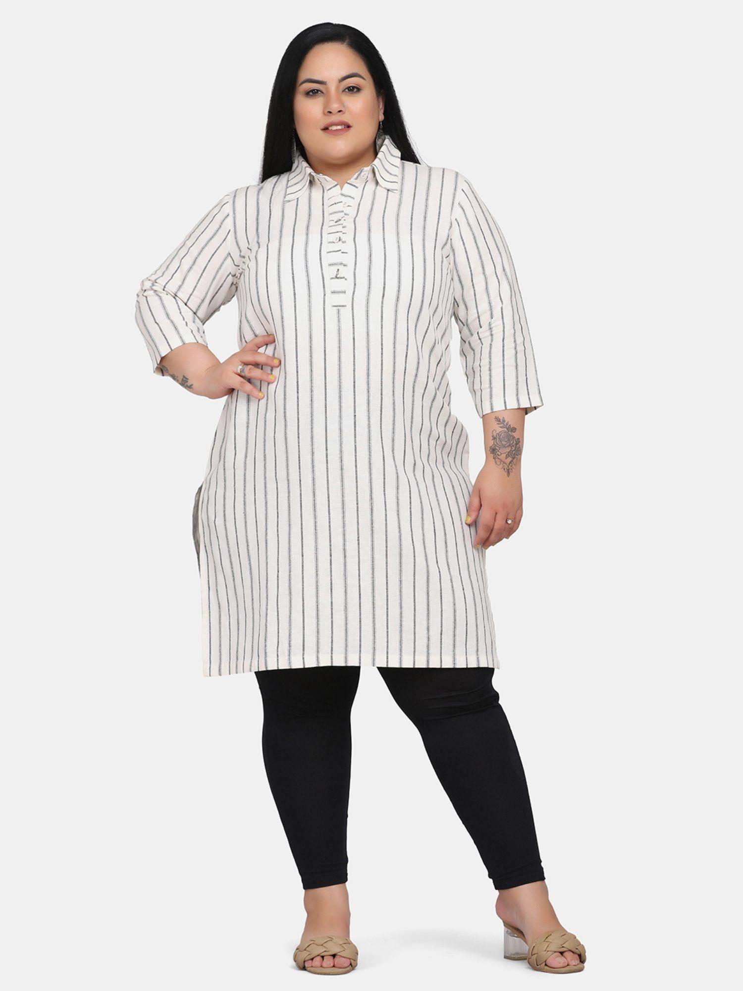 womens work casual linen striped tunic - white
