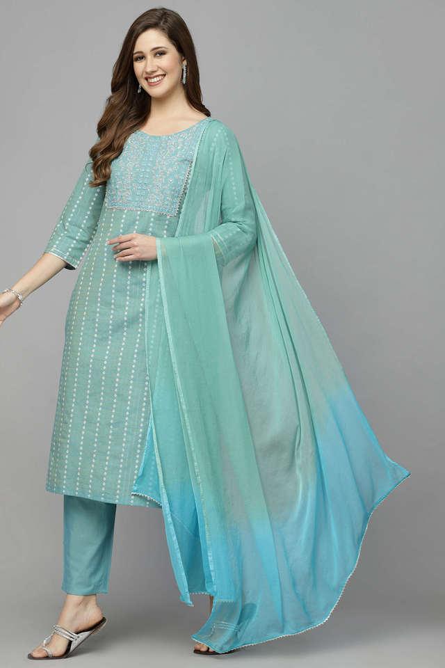 womens woven design _ embroidered cotton blend straight kurta with pant _ dupatta