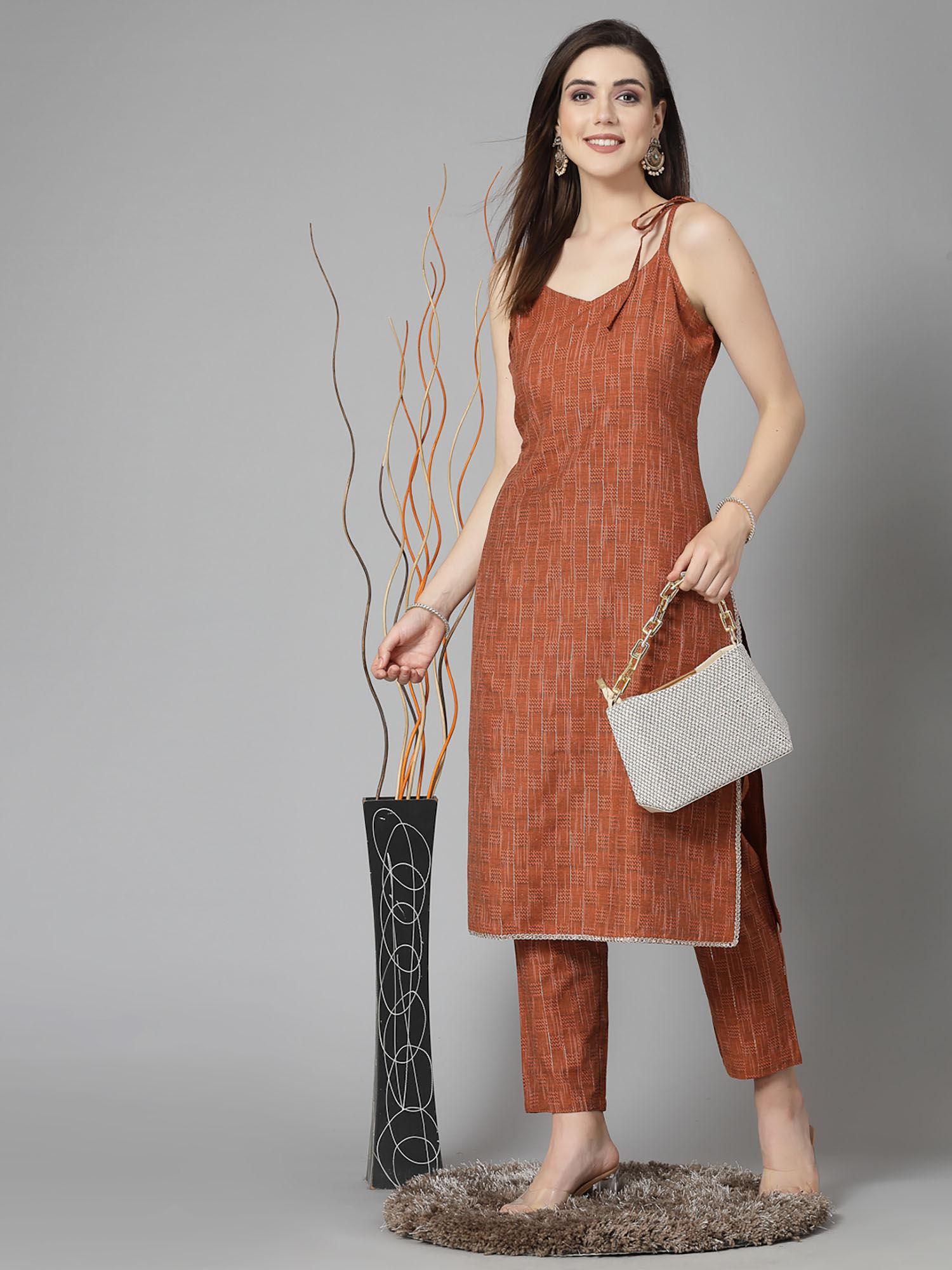 womens woven designed cotton blend straight kurta and pant- rust (set of 2)