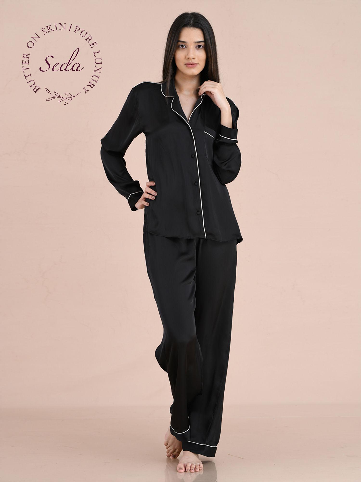 womens woven shirt & pyjama set, black