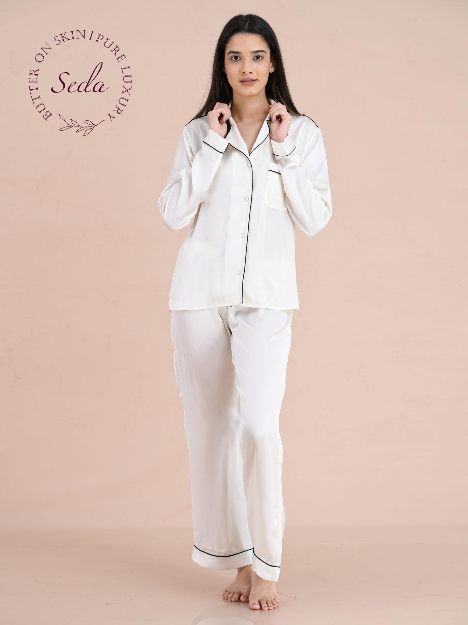 womens woven shirt & pyjama set, white