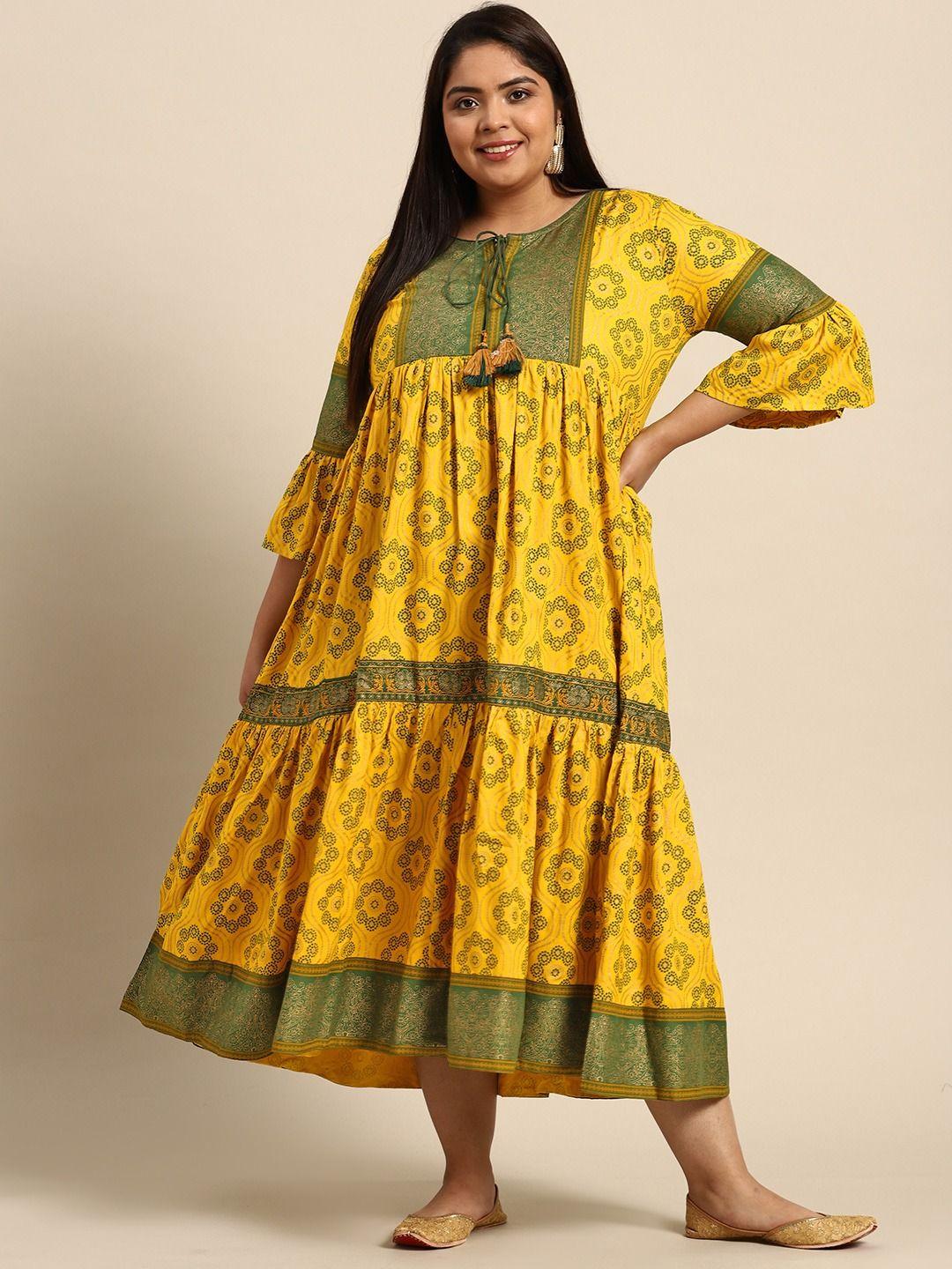 womens yellow & green foil print anarkali maxi dress