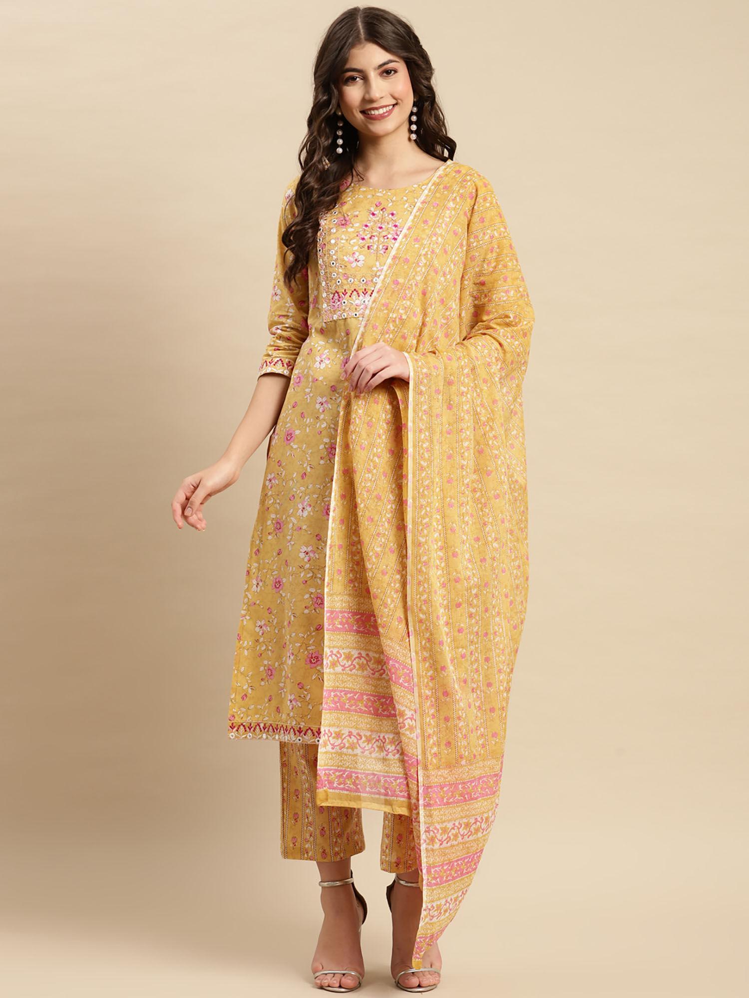 womens yellow & pink yoke thread work kurta with pant and dupatta (set of 3)