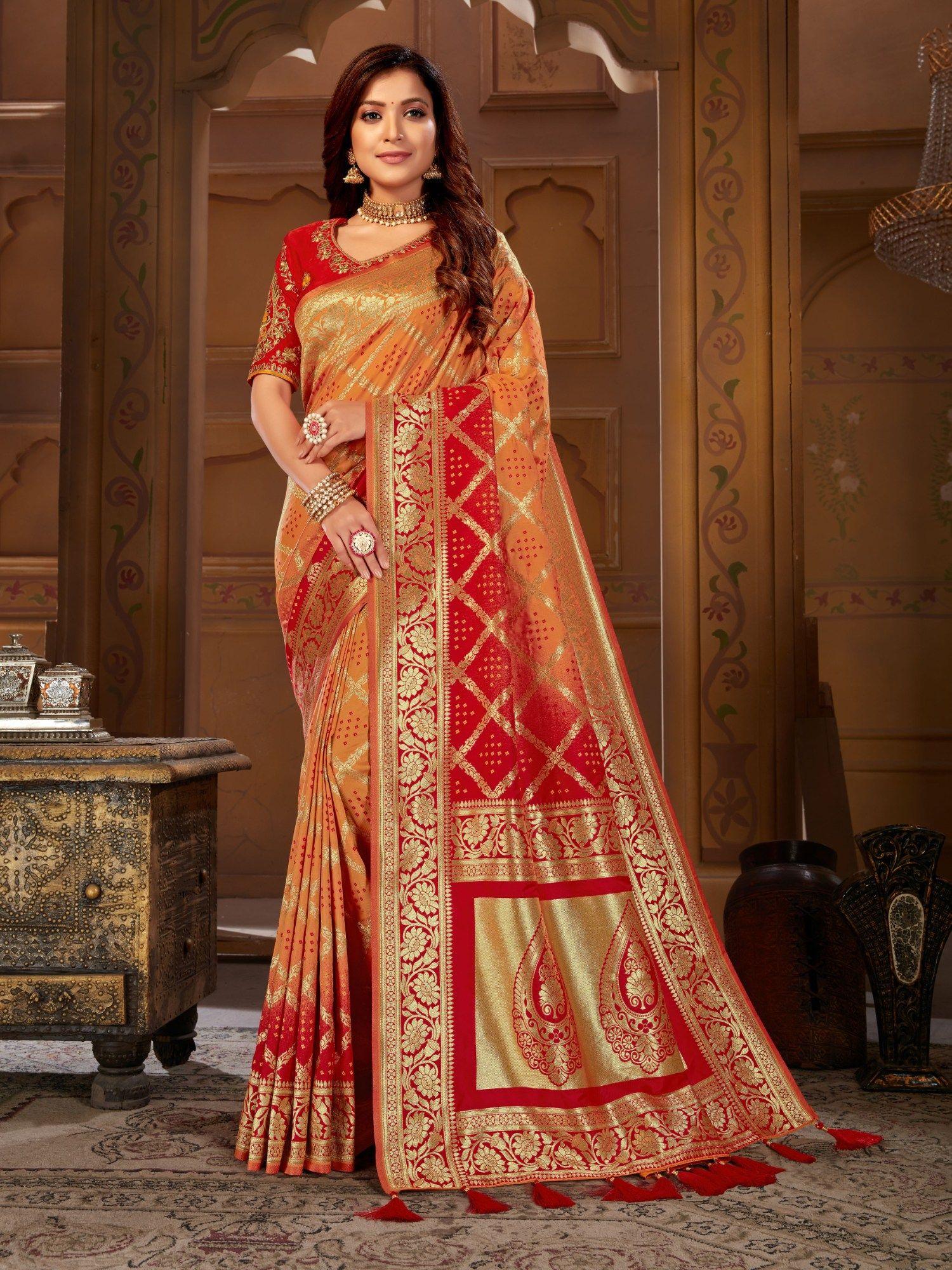 womens yellow and red woven saree with unstitched blouse