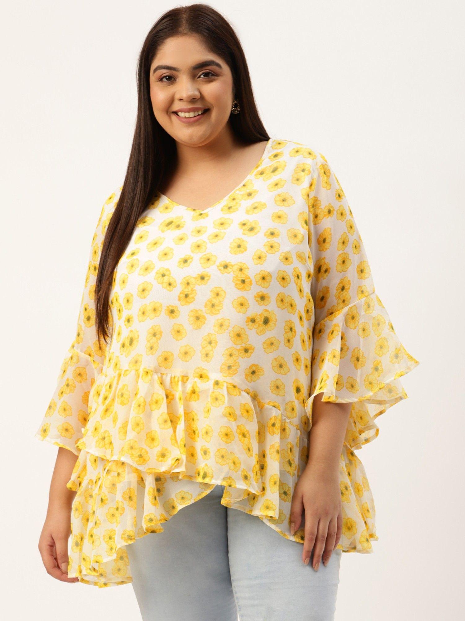 womens yellow andoff white print layered georgette top