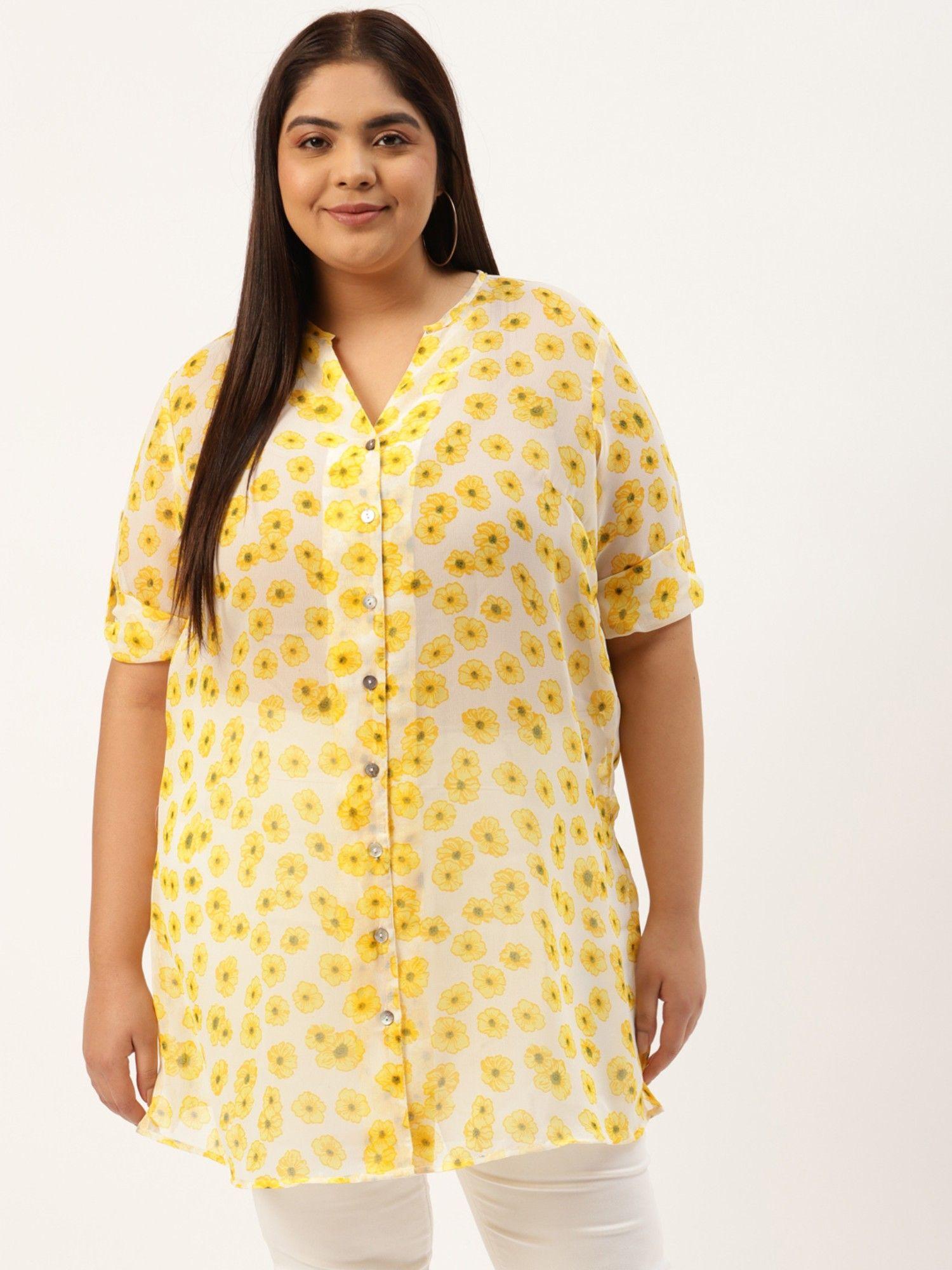 womens yellow andoff white printed longline shirt