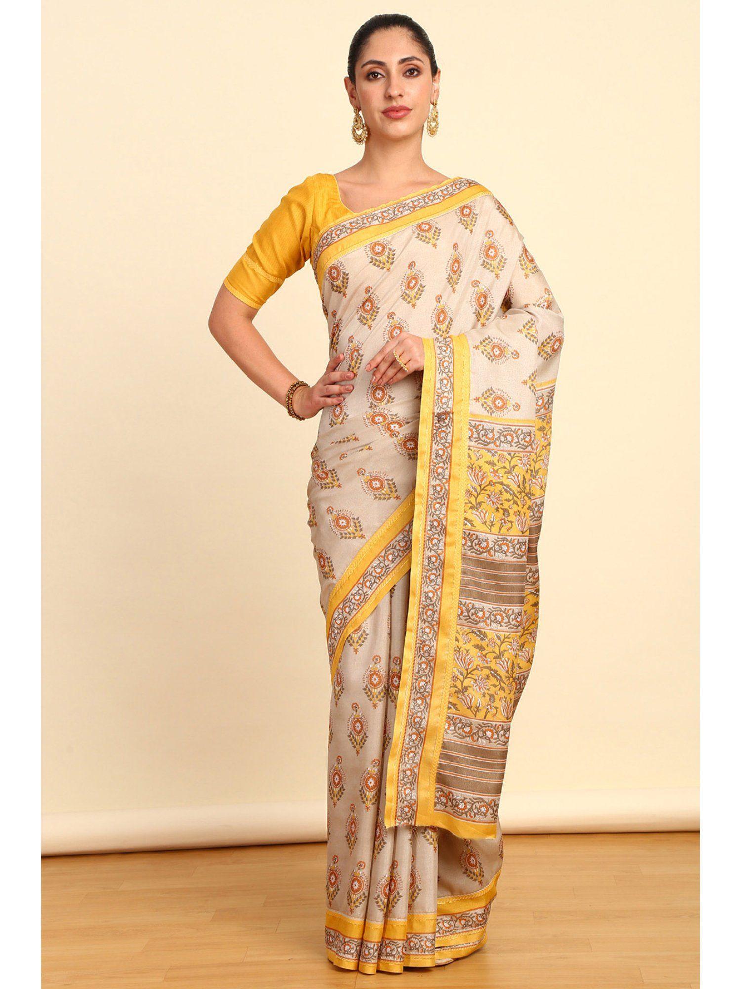 womens yellow art silk floral print saree with unstitched blouse