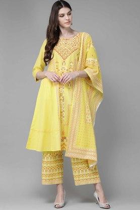womens yellow cambric khari print a-line kurta with printed palazzo & dupatta - yellow