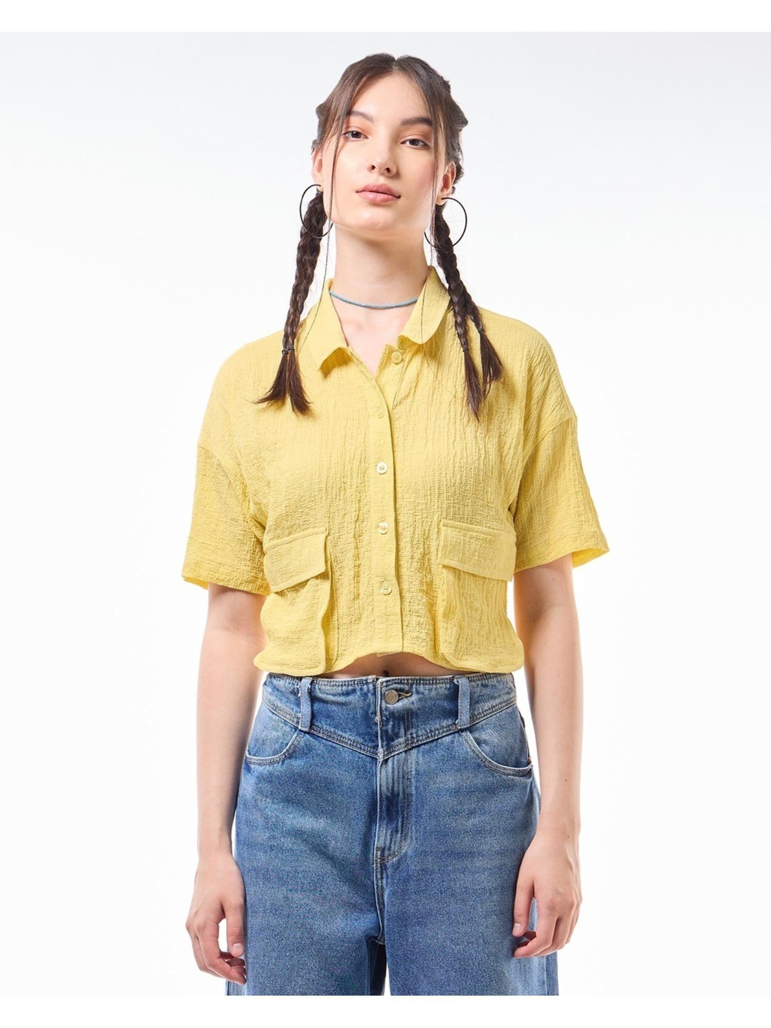 womens yellow cargo crop shirt