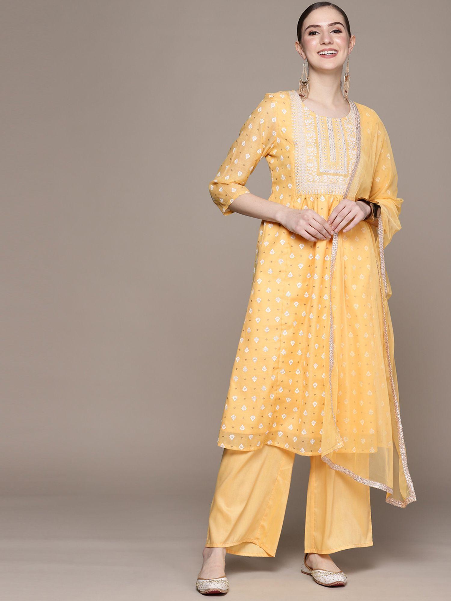 womens yellow chanderi straight kurta palazzo and dupatta (set of 3)