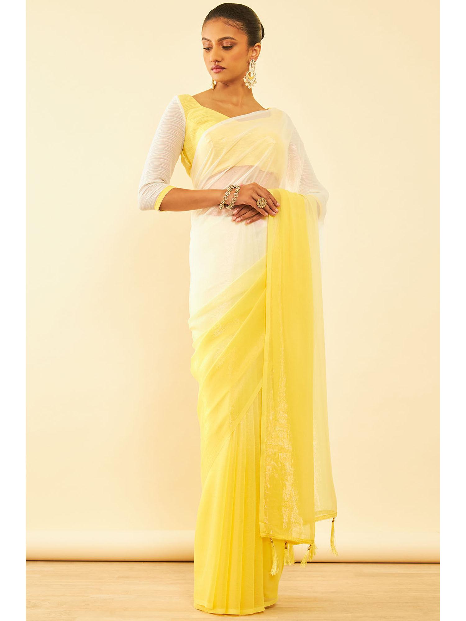 womens yellow chiffon saree with tassels with unstitched blouse