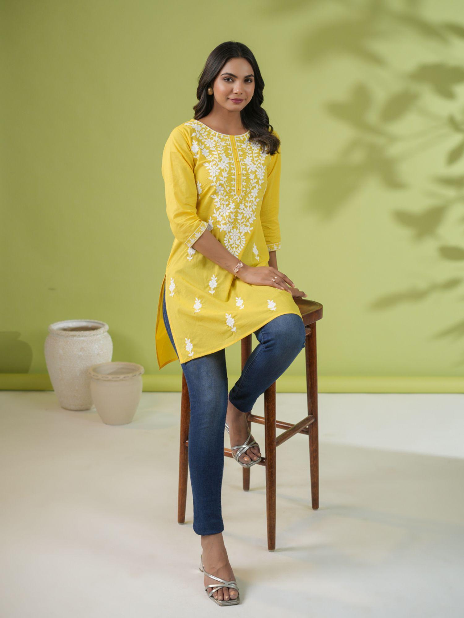 womens yellow cotton chikankari regular tunic