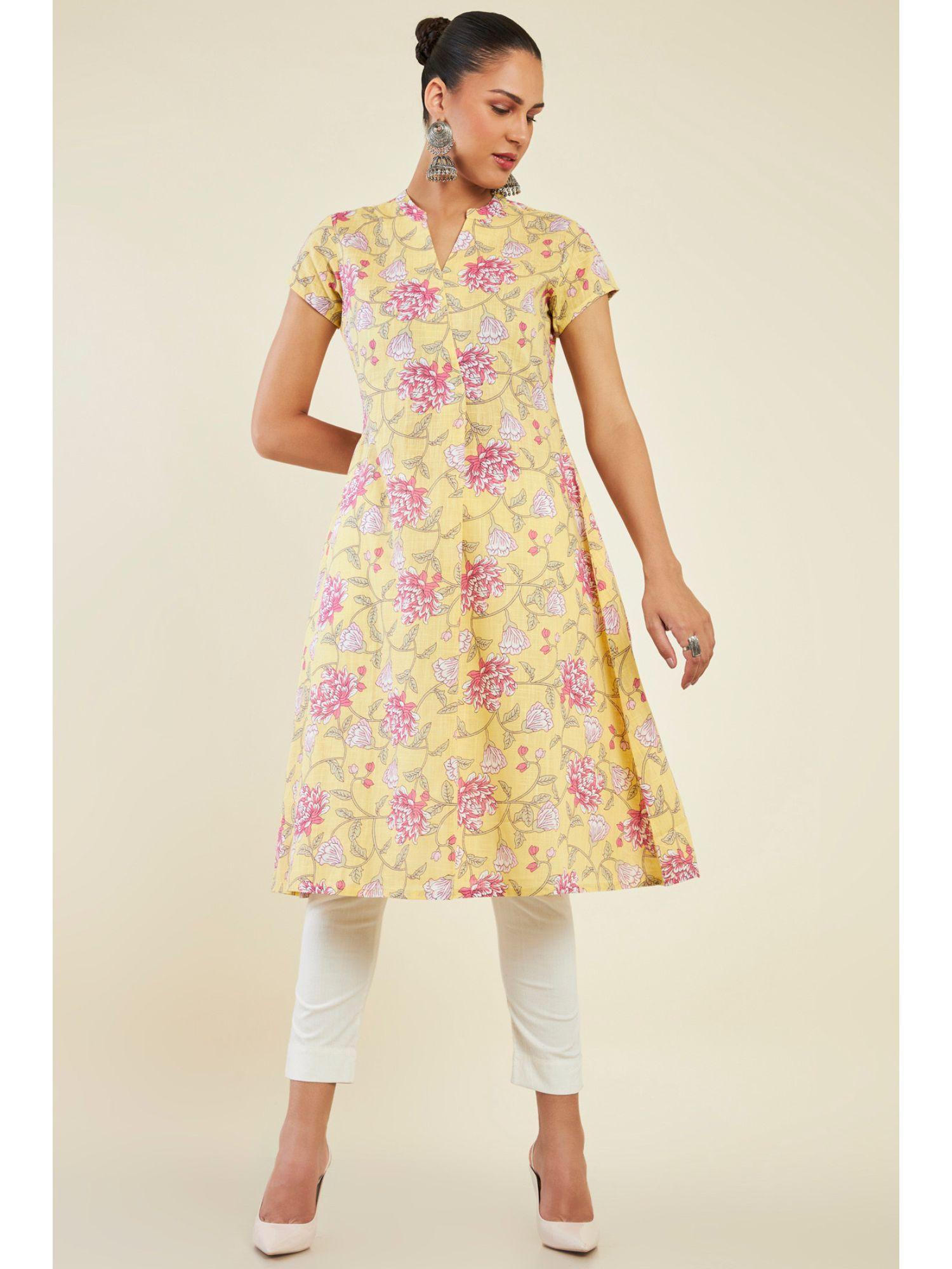 womens yellow cotton floral kurta