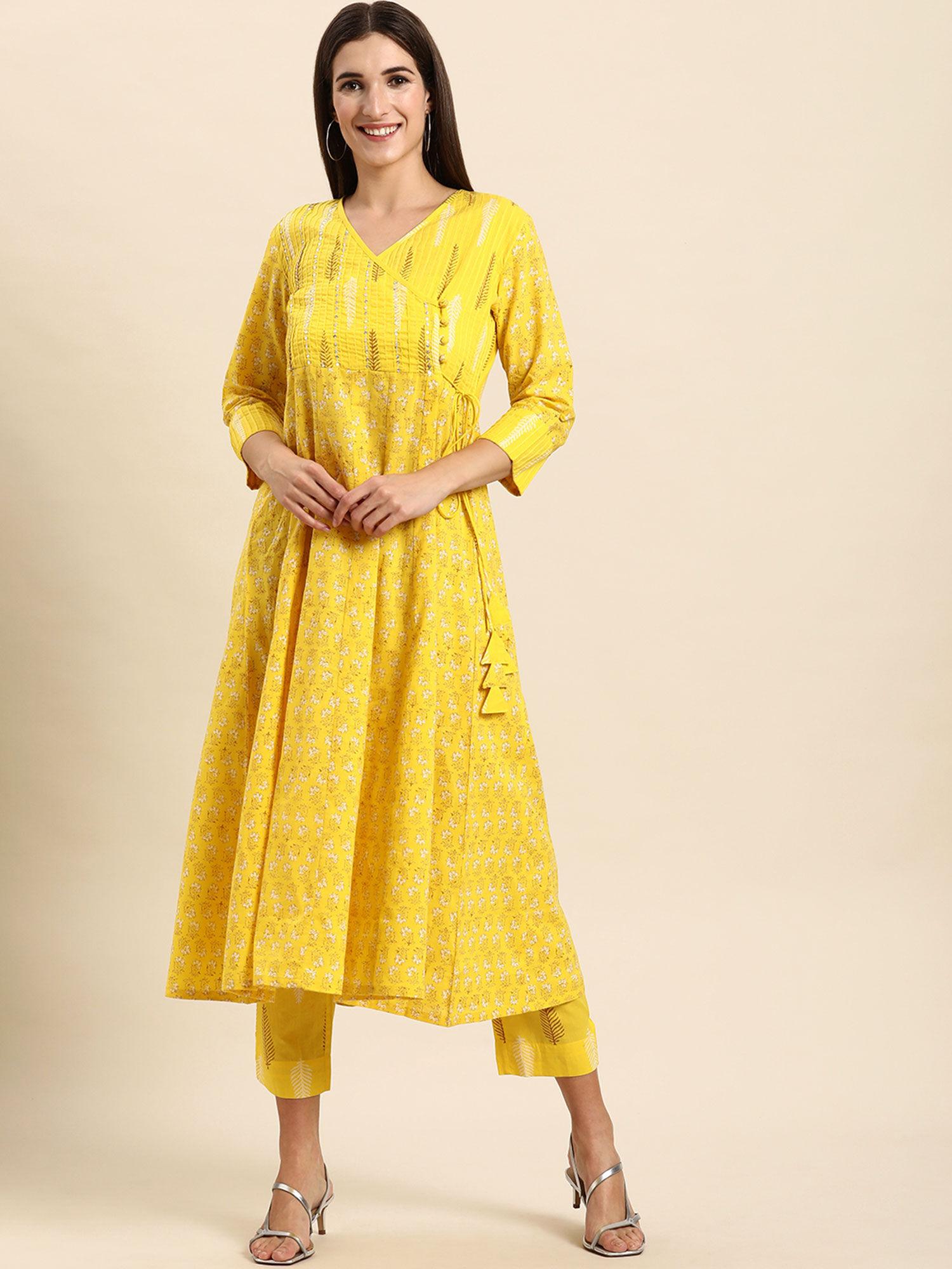 womens yellow cotton kurta with pant (set of 2)