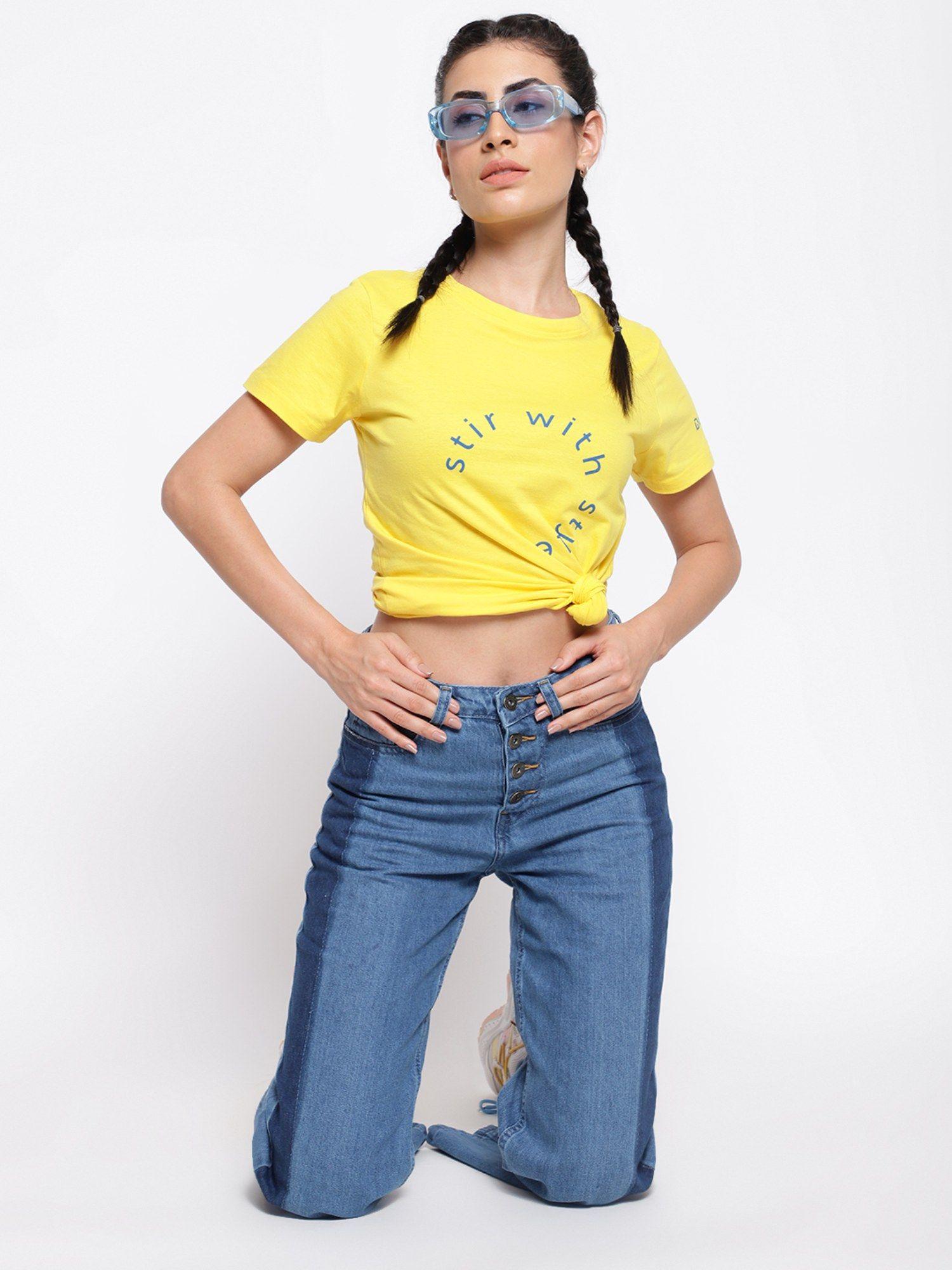 womens yellow cotton regular fit solid t-shirt