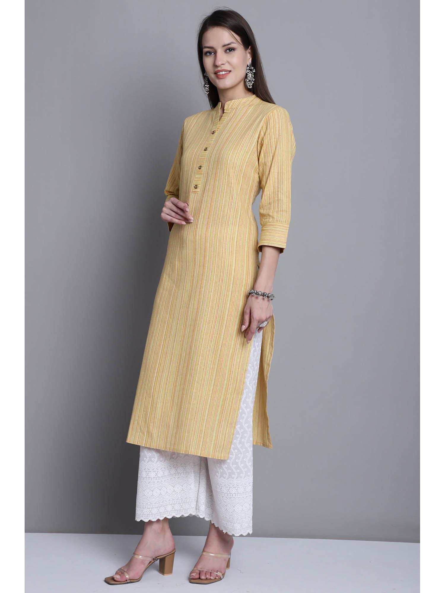 womens yellow cotton woven kurta