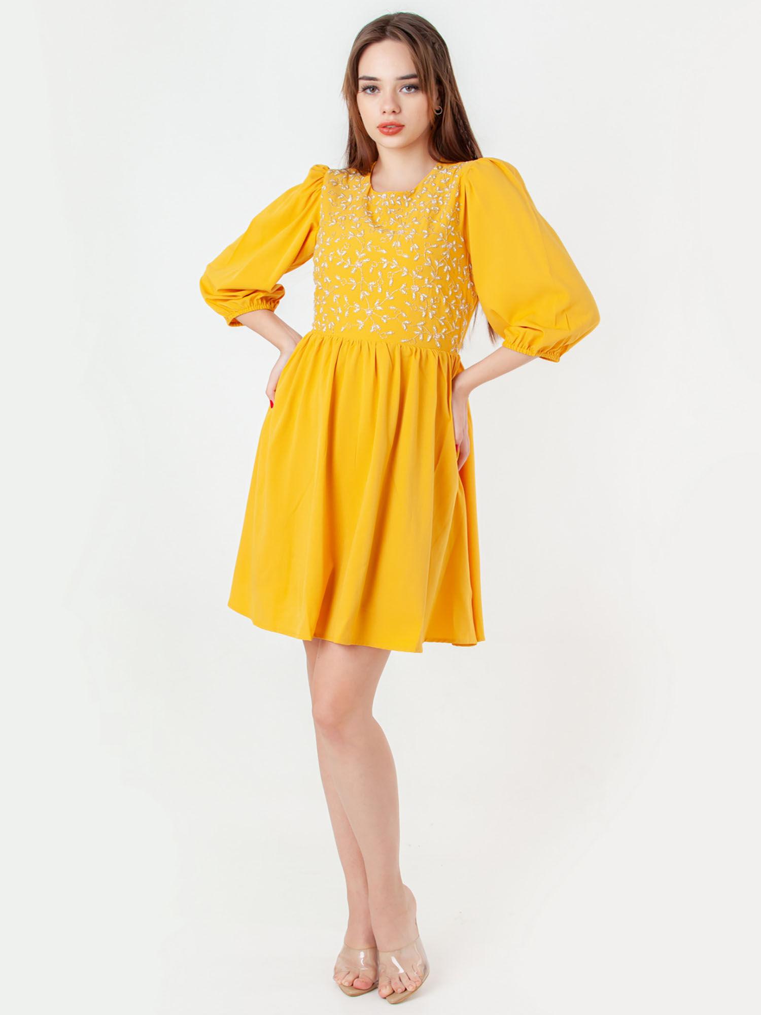 womens yellow embroidered mini dress
