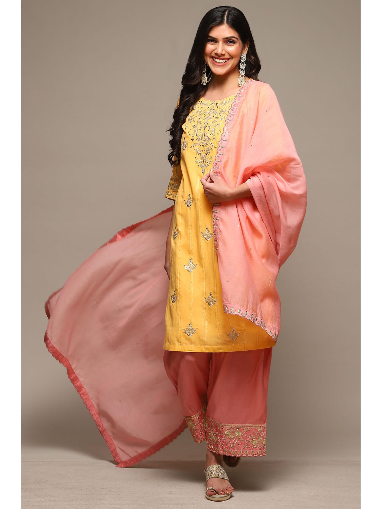 womens yellow embroidered viscose chanderi straight suit (set of 3)