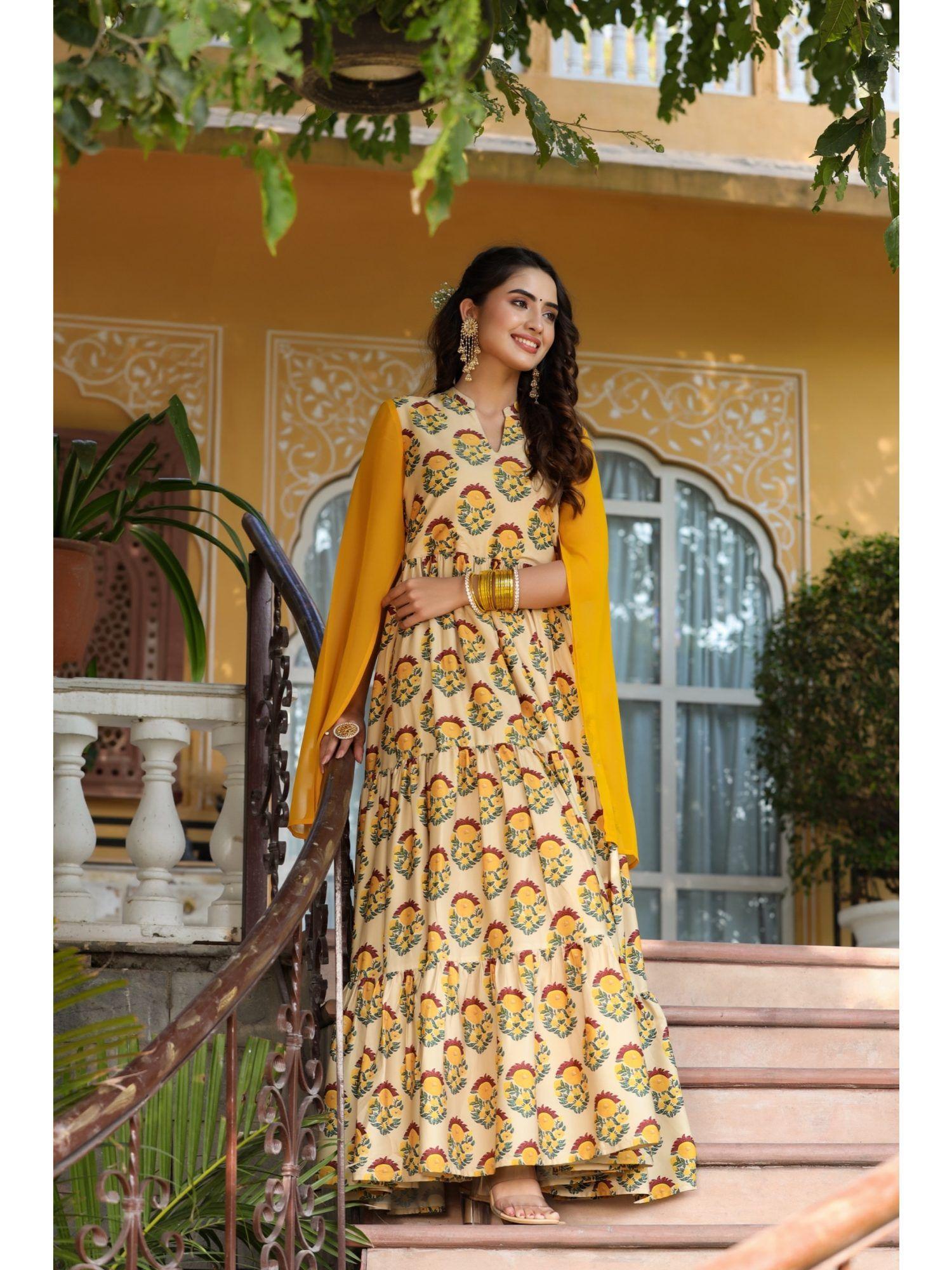 womens yellow floral designer beige digital print long dress