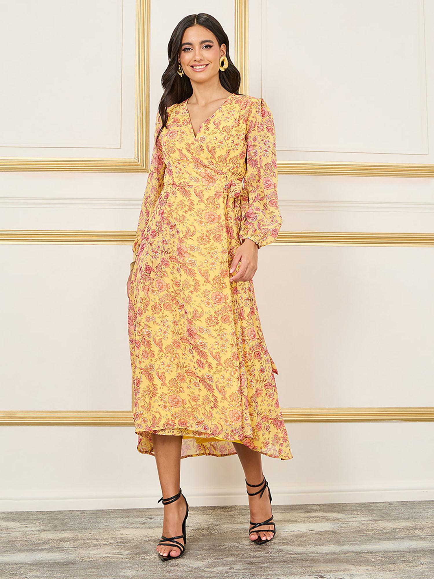 womens yellow floral print wrap midi dress