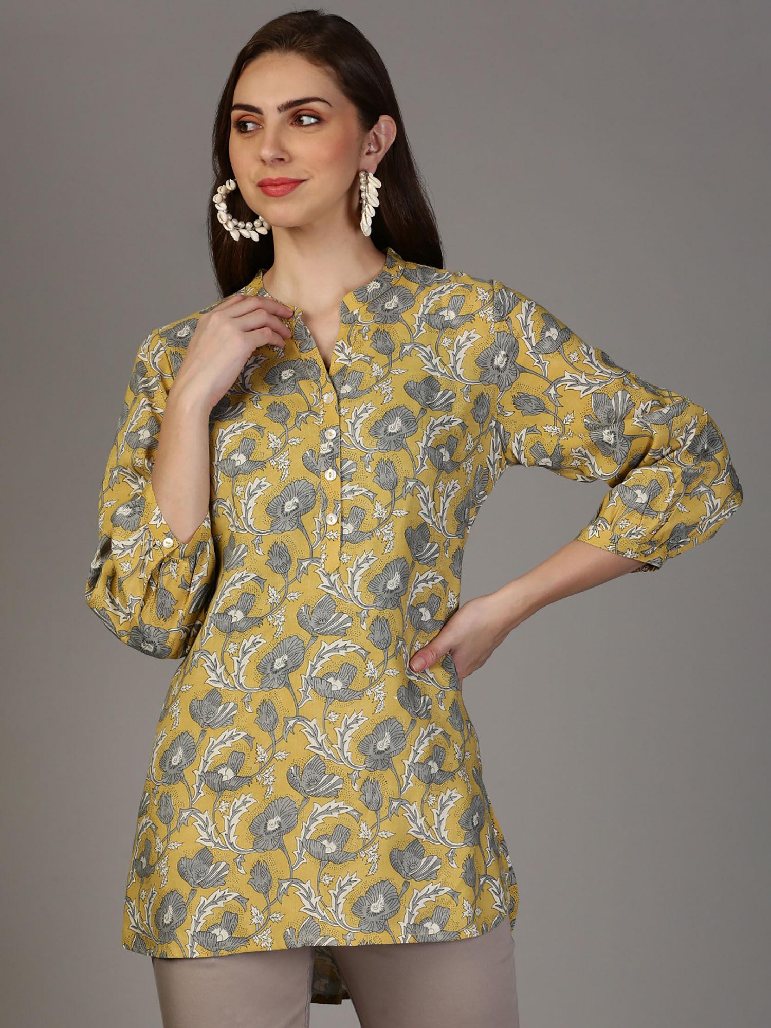 womens yellow floral printed high-low rayon tunic