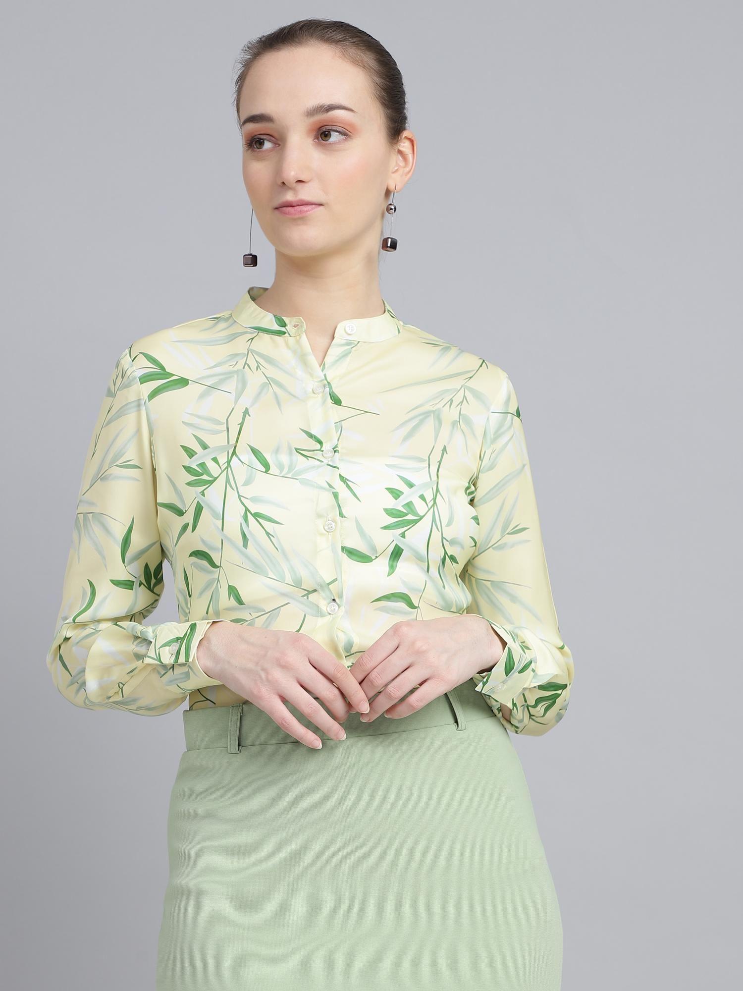 womens yellow floral printed mandarin collar regular fit formal shirt