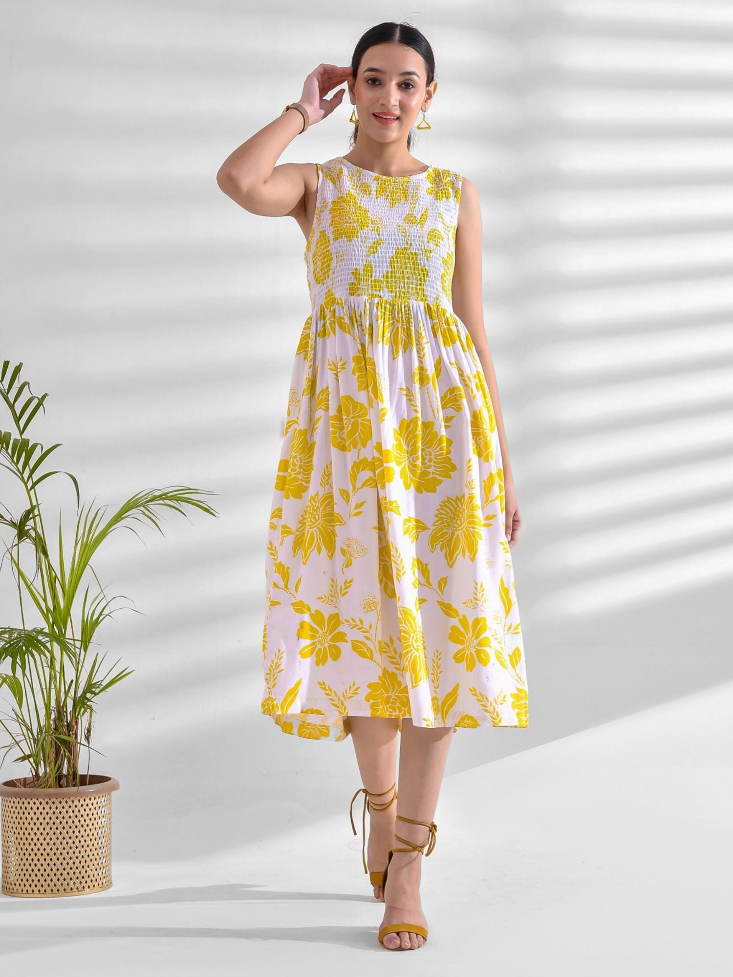 womens yellow floral printed smoked detail rayon flared dress