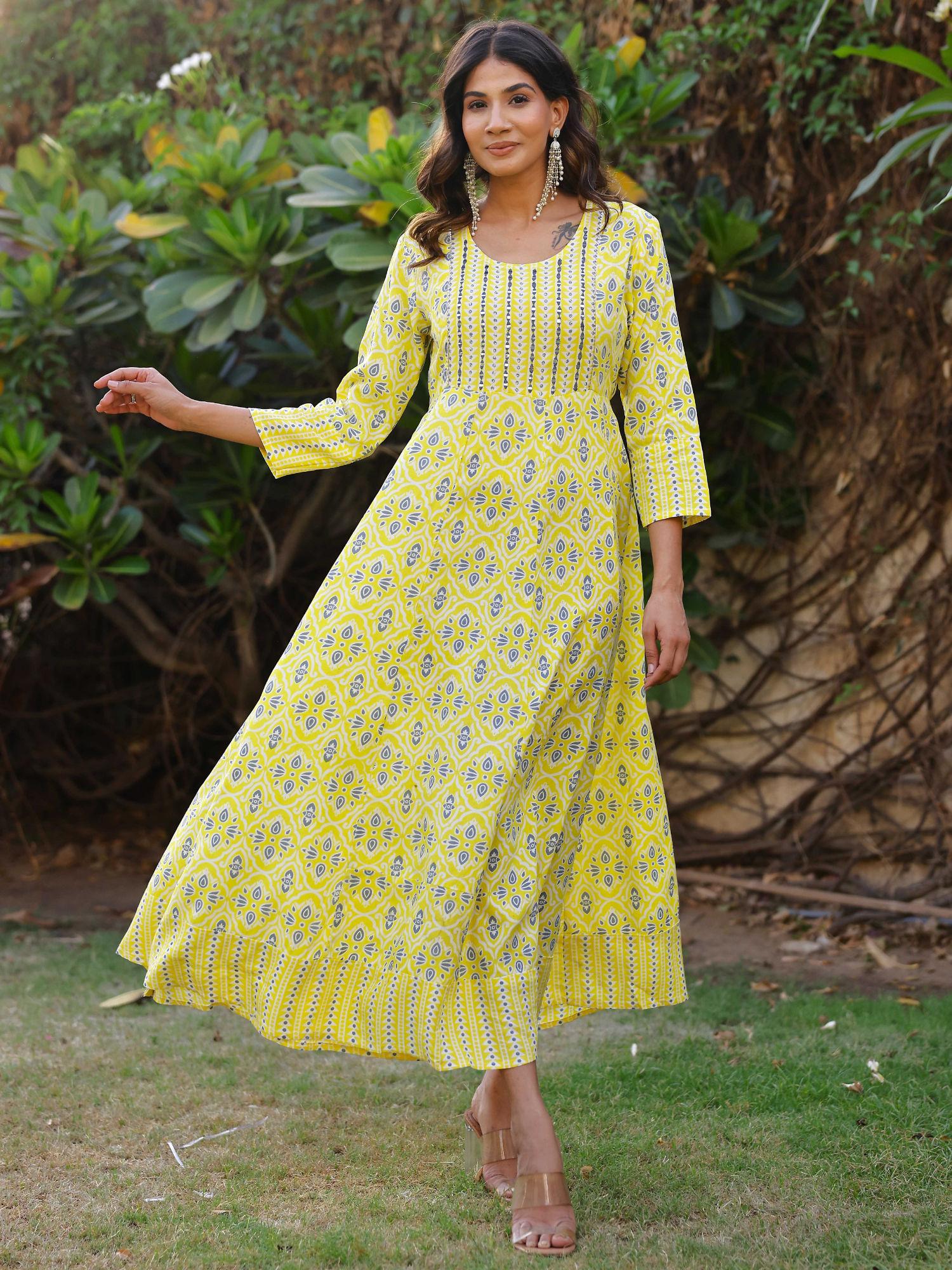 womens yellow geometric printed rayon ethnic dress