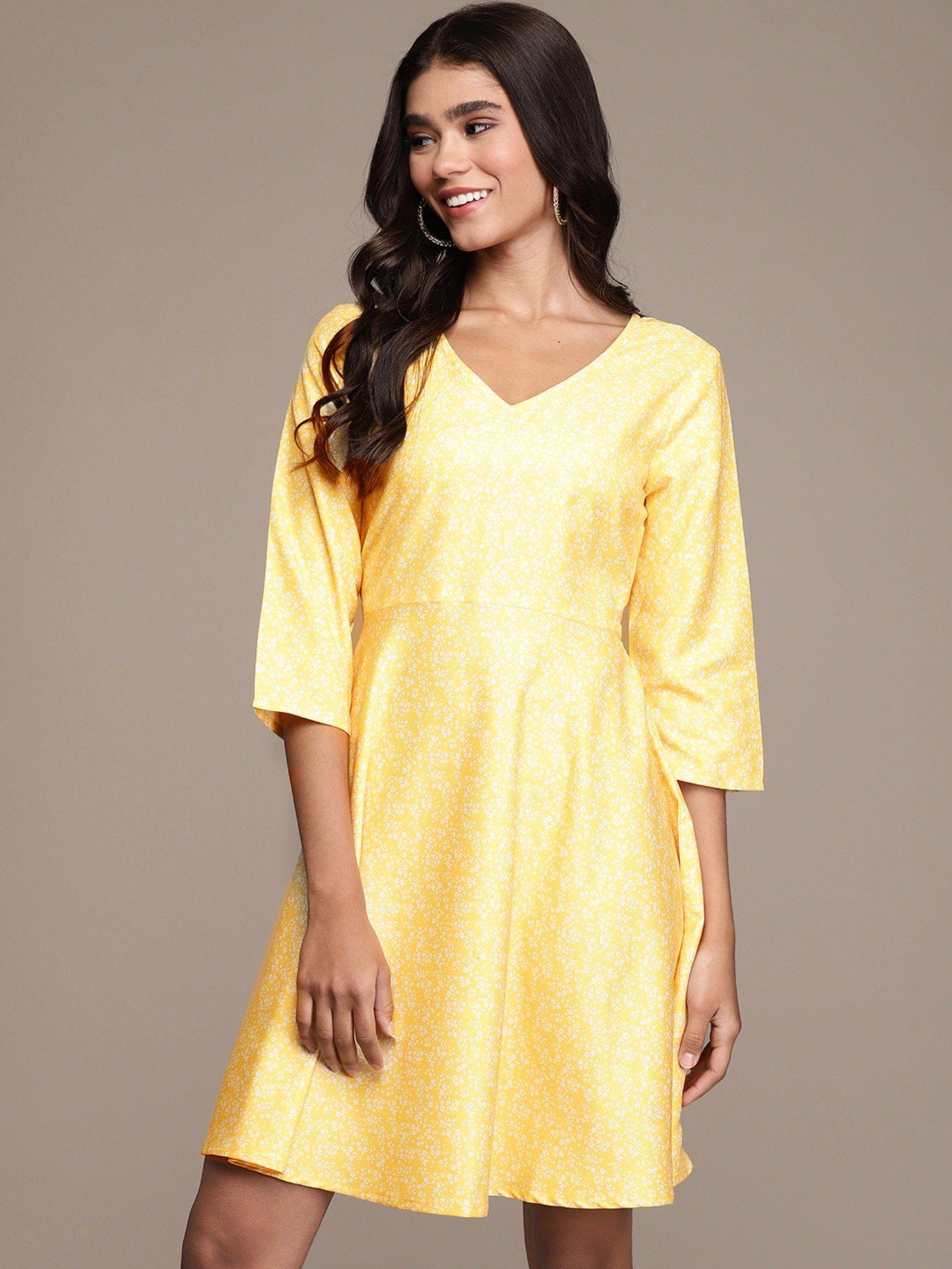 womens yellow georgette fit and flare dress