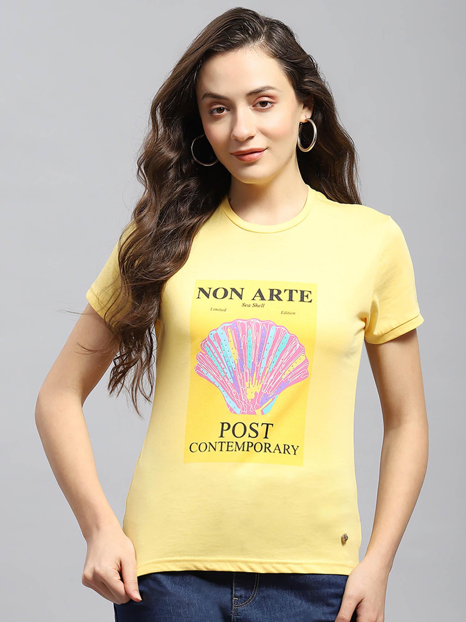 womens yellow graphic round neck half sleeve t-shirt