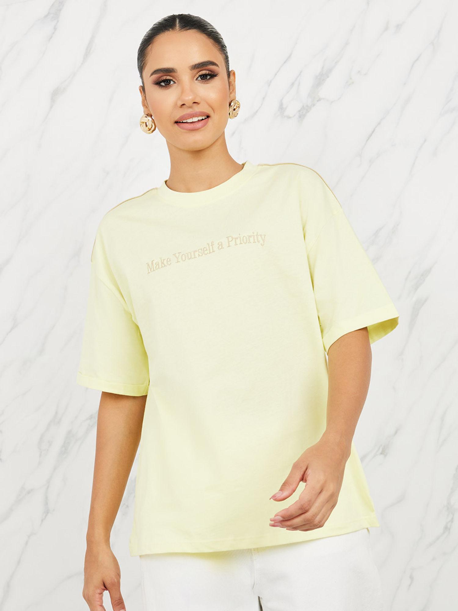 womens yellow oversized embroidered slogan binding trim cotton t-shirt