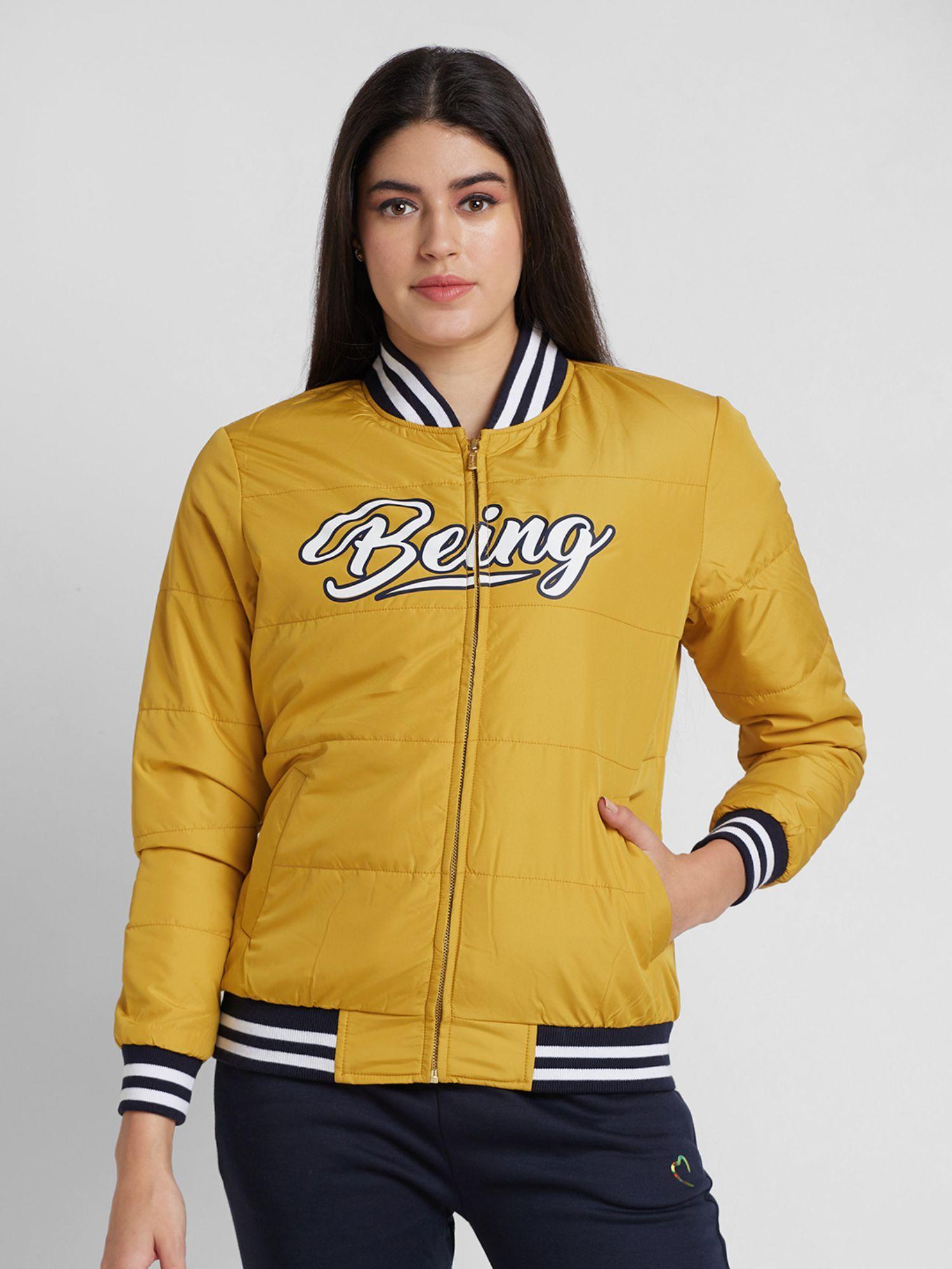 womens yellow printed high neck jacket