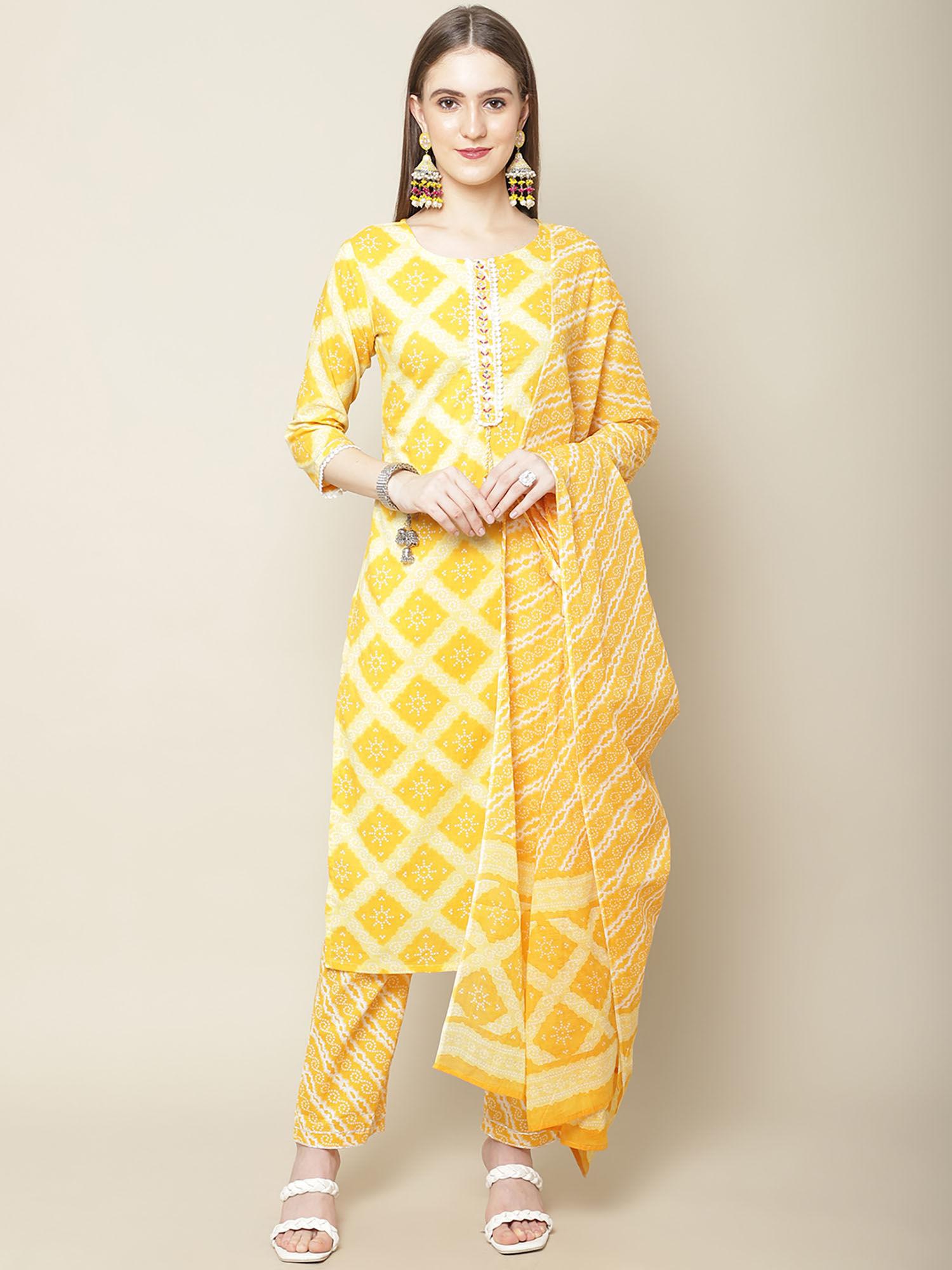 womens yellow printed kurta with pant & dupatta (set of 3)