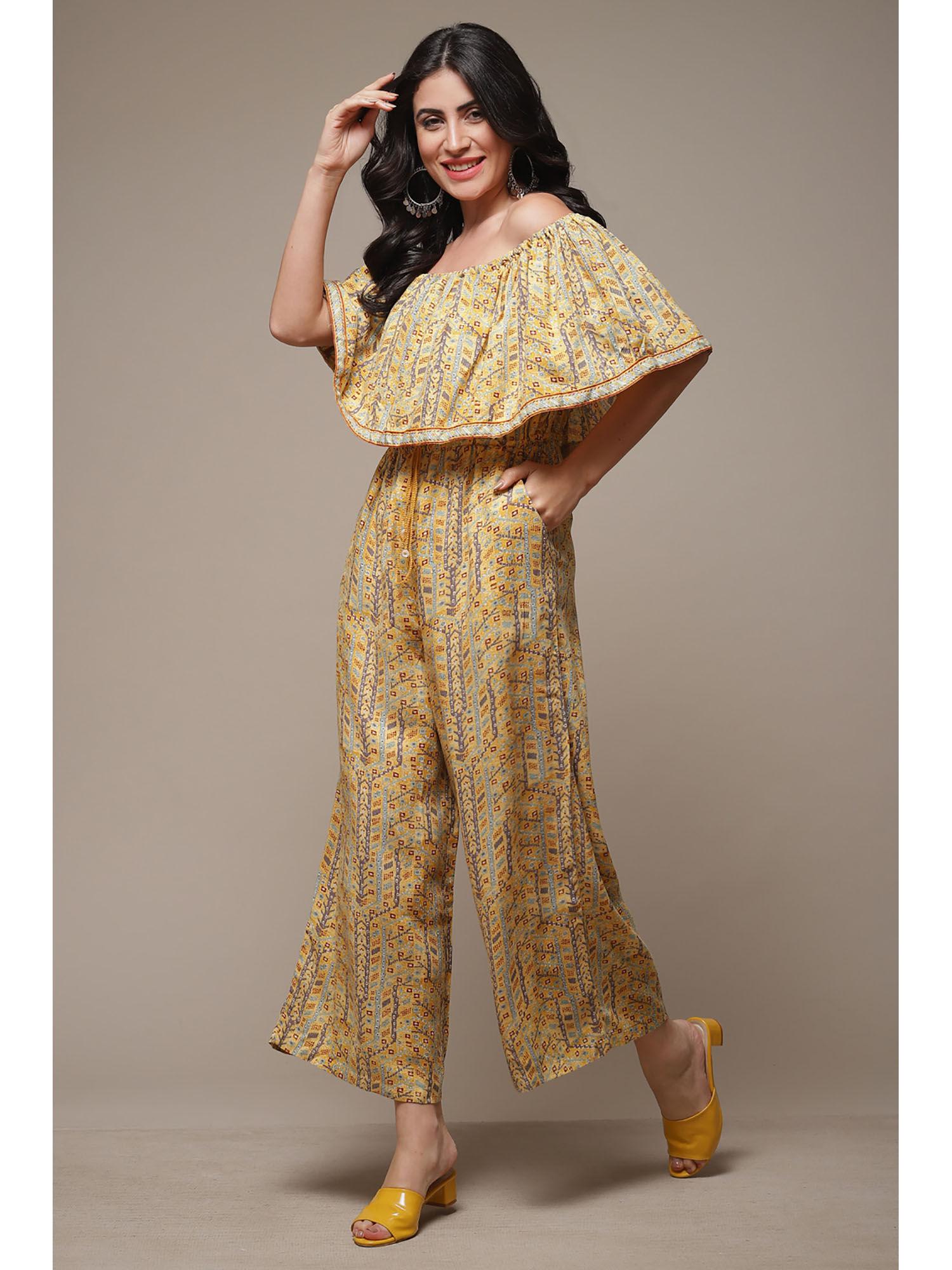 womens yellow printed rayon straight jumpsuit