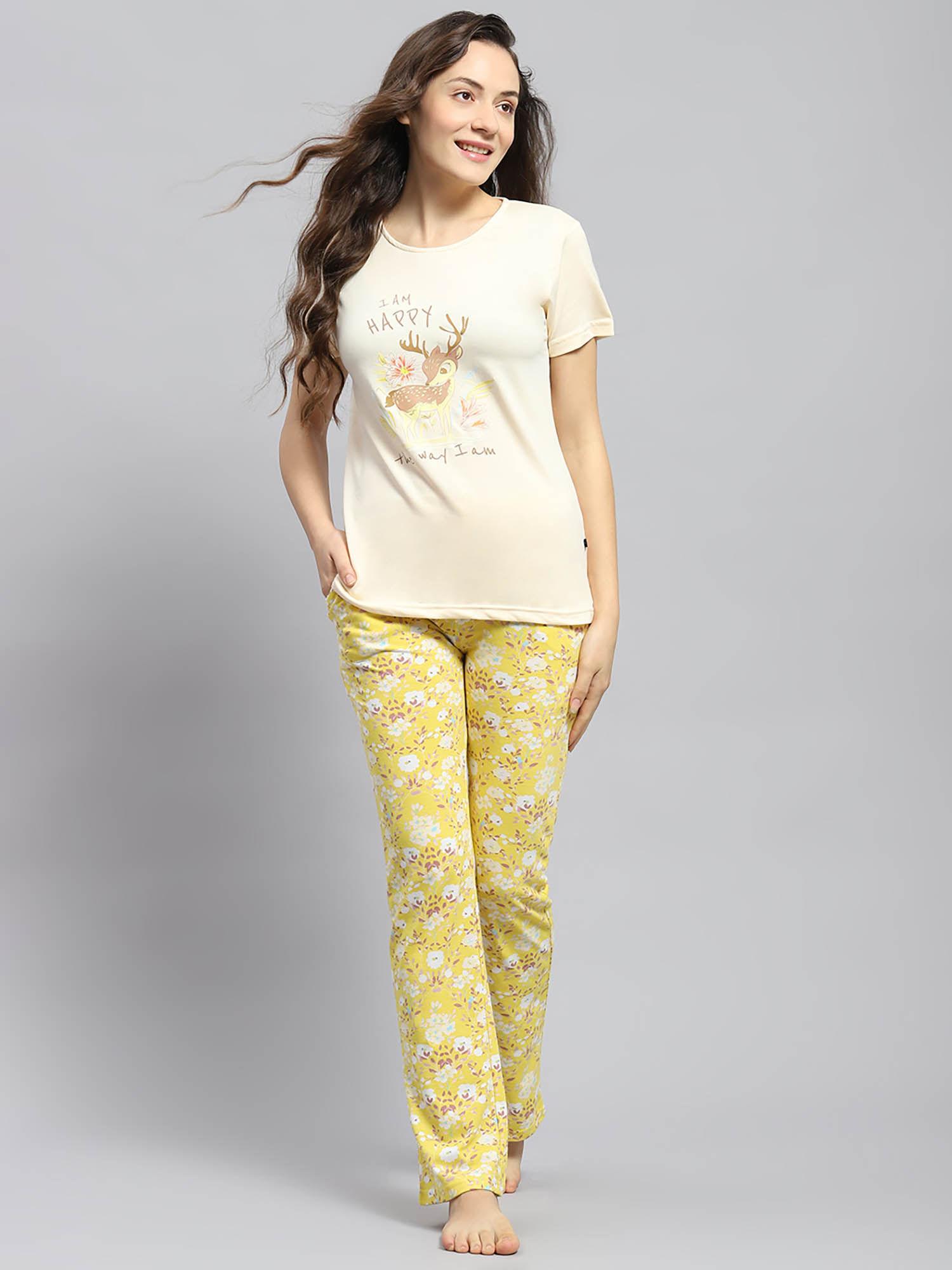 womens yellow printed round neck half sleeve t-shirt with pyjama (set of 2)