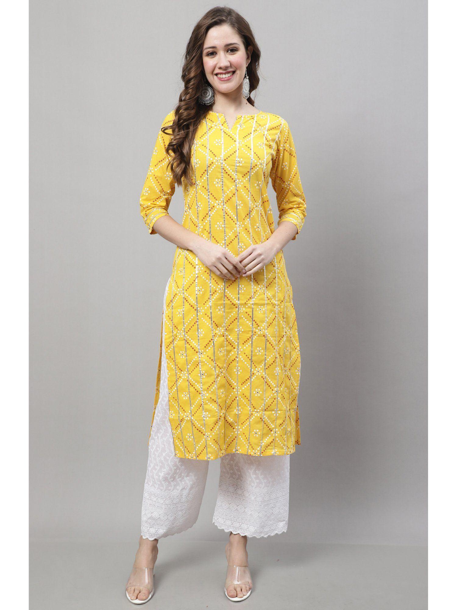 womens yellow pure cotton jaipuri printed kurta