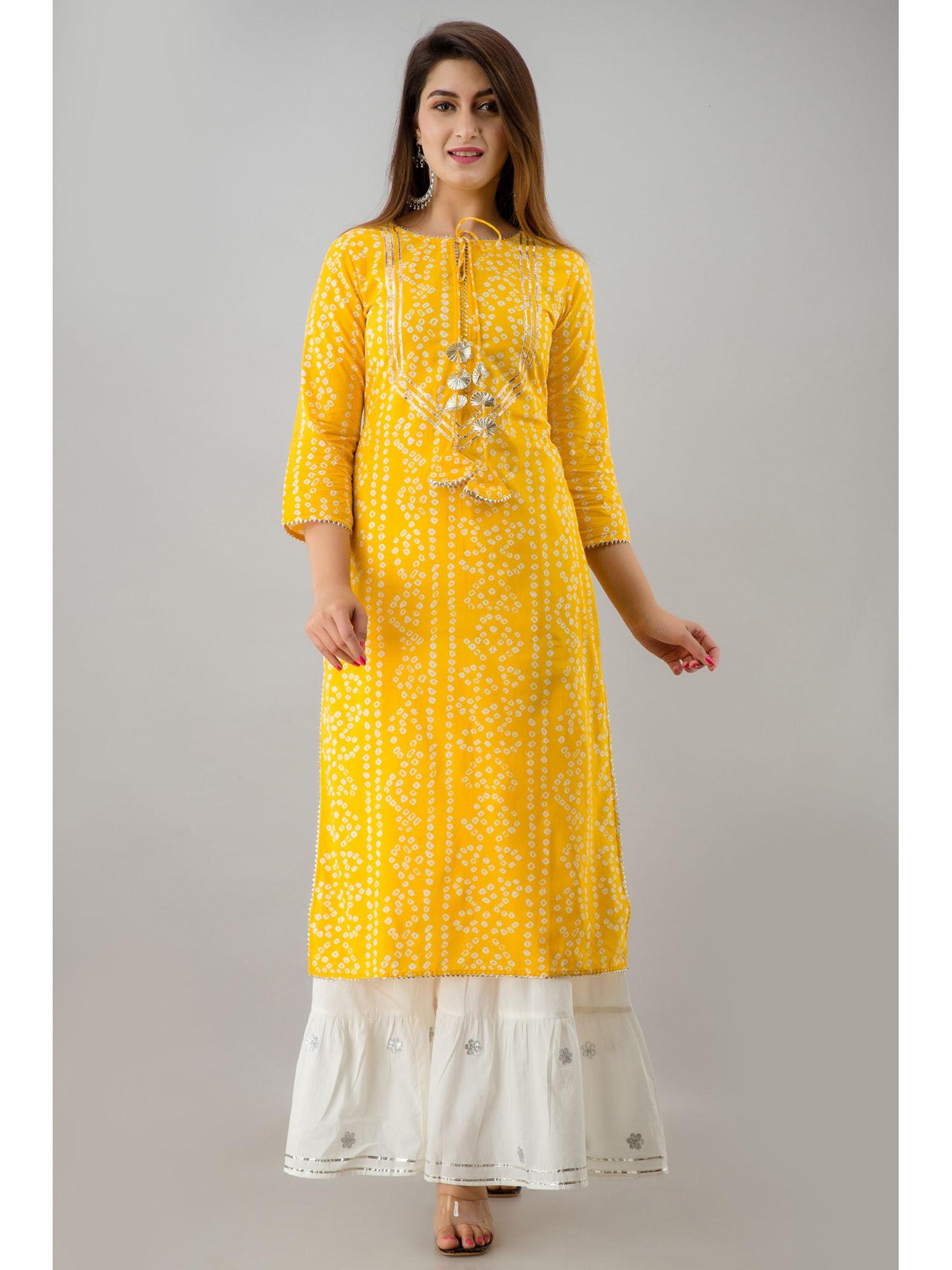 womens yellow rayon bandhej print straight kurta