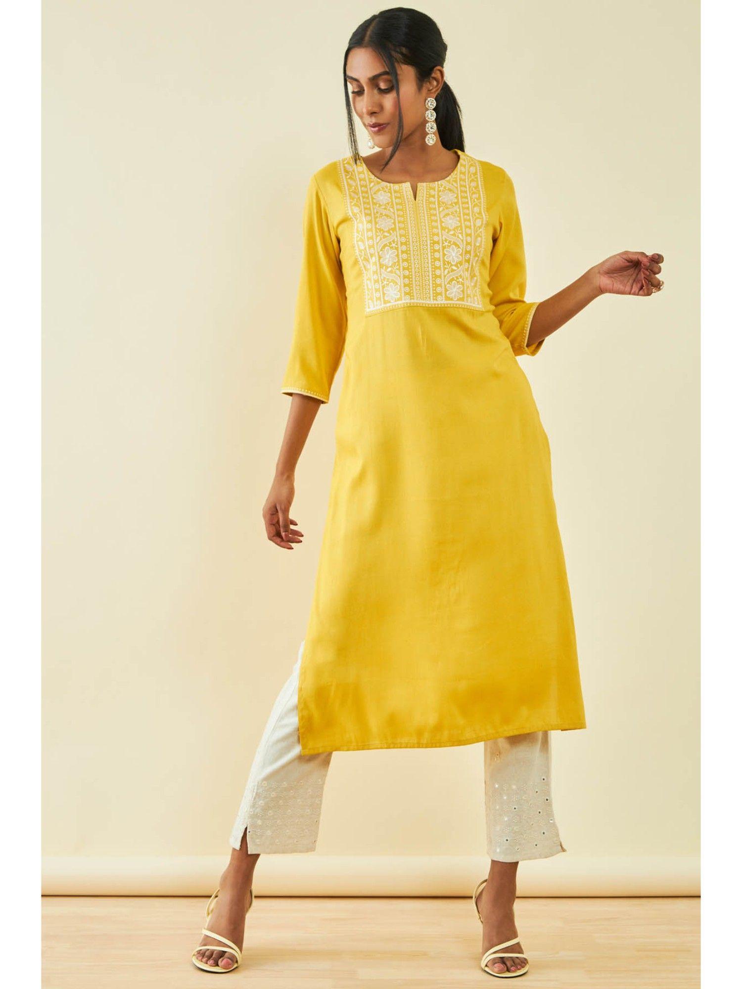 womens yellow rayon embroidered kurta with thread work