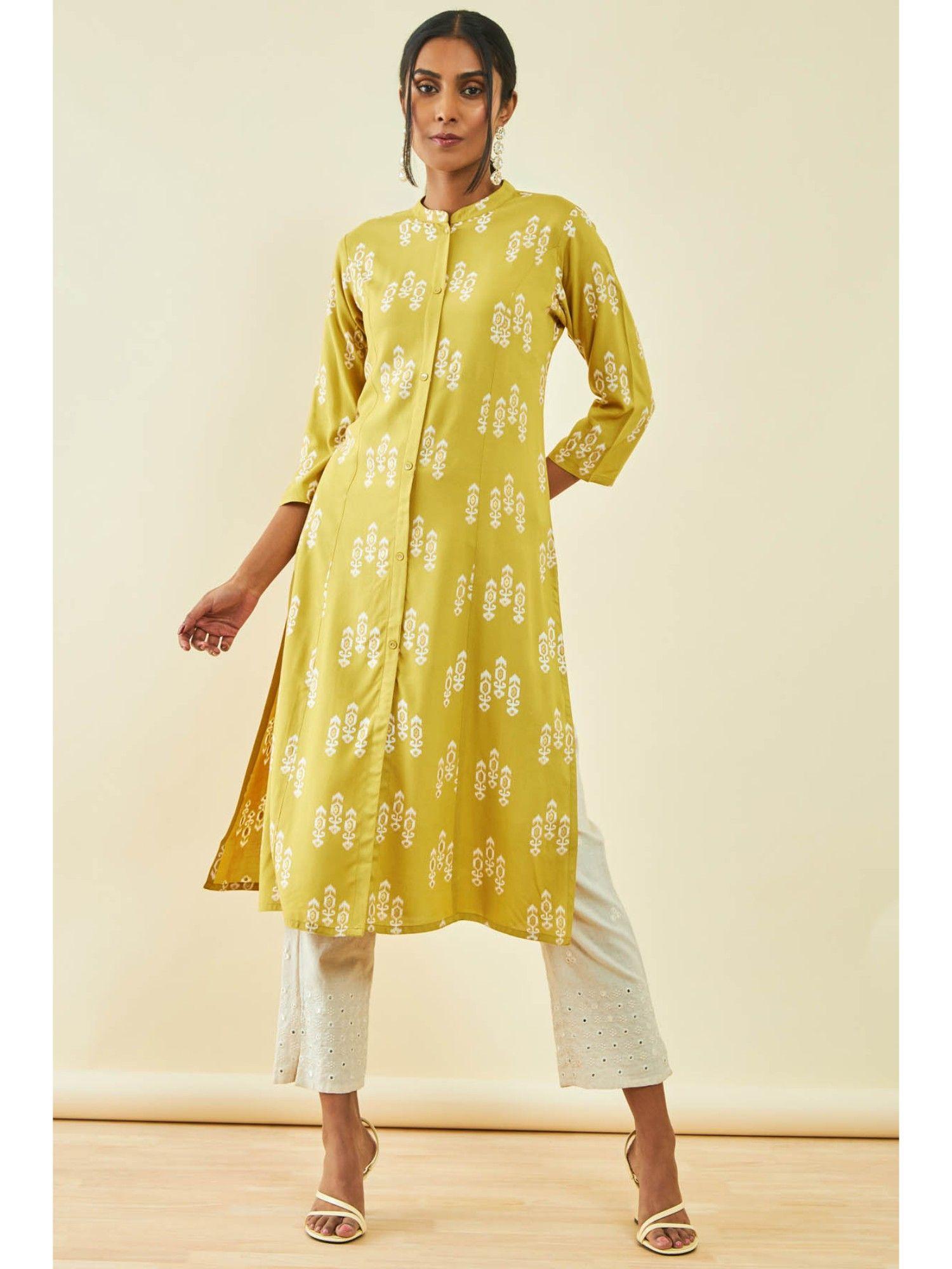 womens yellow rayon foil print kurta