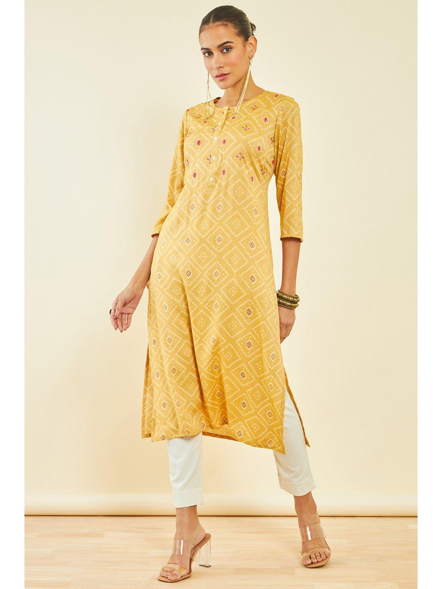 womens yellow rayon kurta with bandhani print and hand embroidery